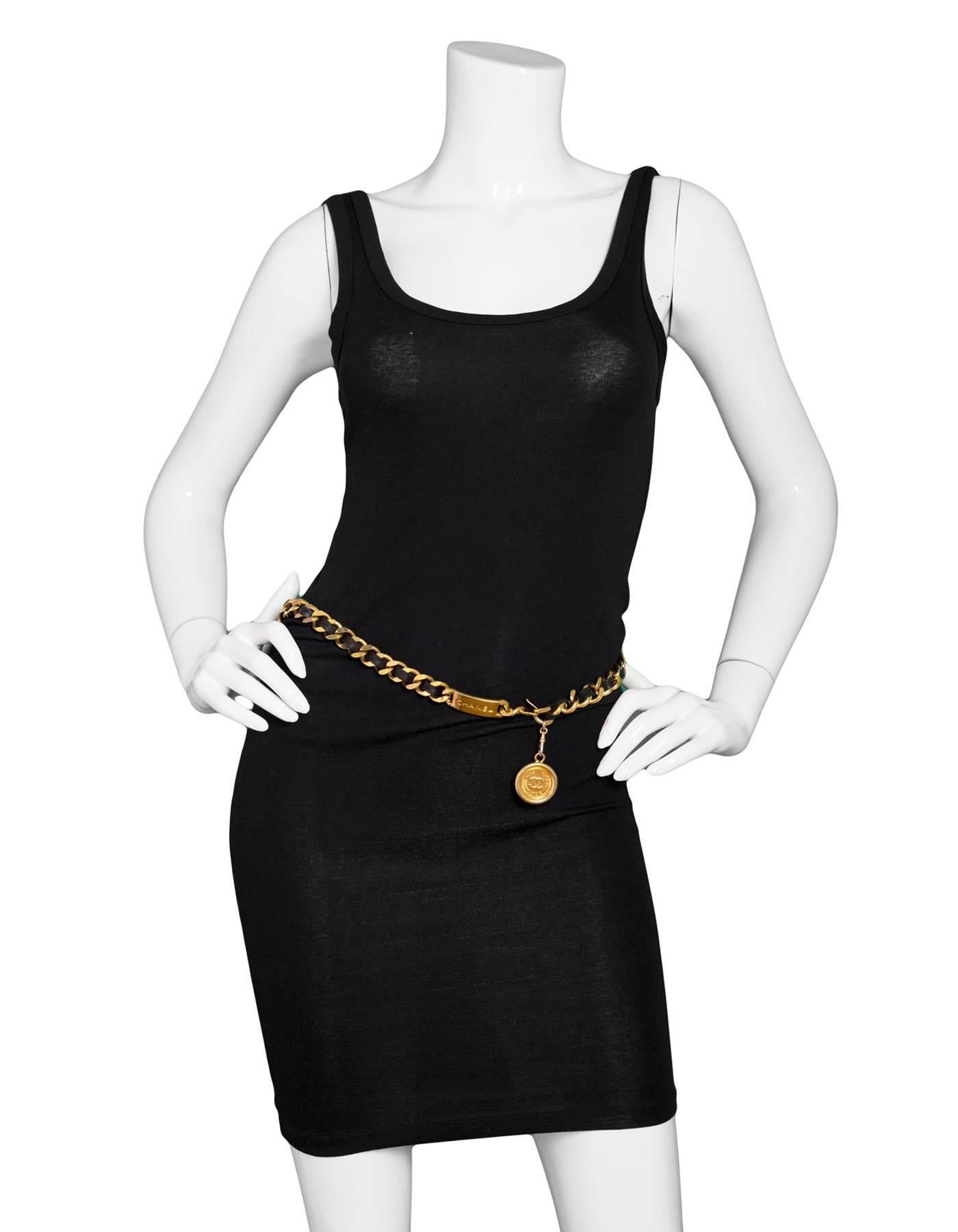 Beige Chanel Vintage Black & Goldtone Leather Laced Chain Belt with Medallion
