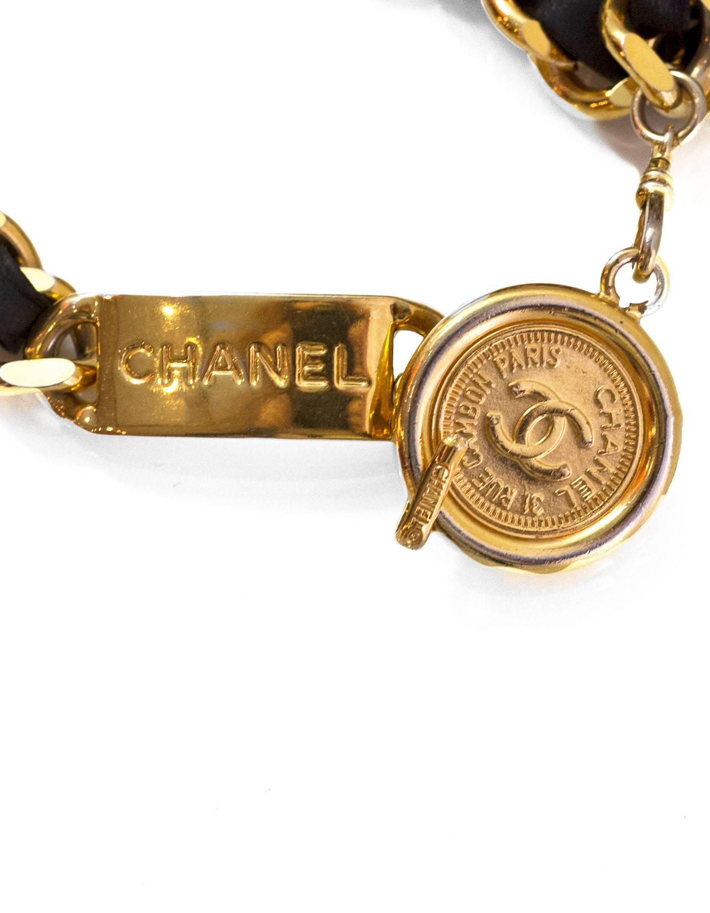 Chanel Vintage Black & Goldtone Leather Laced Chain Belt with Medallion In Excellent Condition In New York, NY