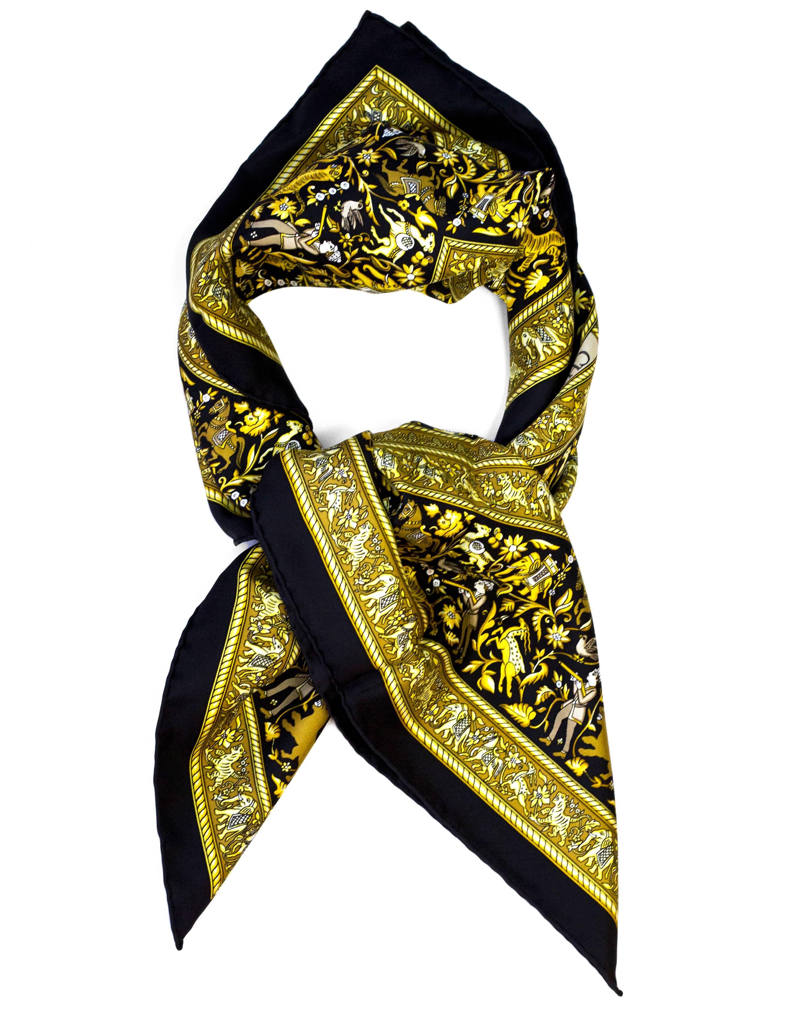 Hermes Black & Gold Chasse En Inde Silk 90cm Scarf NWT

Made In: France
Color: Black, gold
Composition: 100% Silk
Retail Price: $395 + tax
Overall Condition: Excellent pre-owned condition
Included: Hermes box, tag, ribbon

Measurements:
Length: