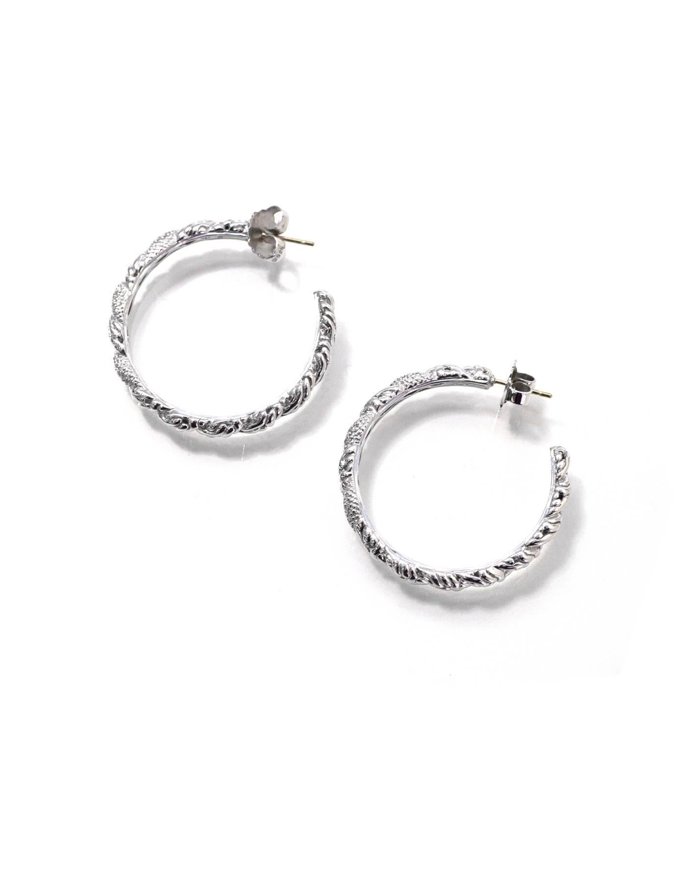 John Hardy Sterling Silver and Pave Diamond Hoop Earrings with Dust Bag In Excellent Condition In New York, NY