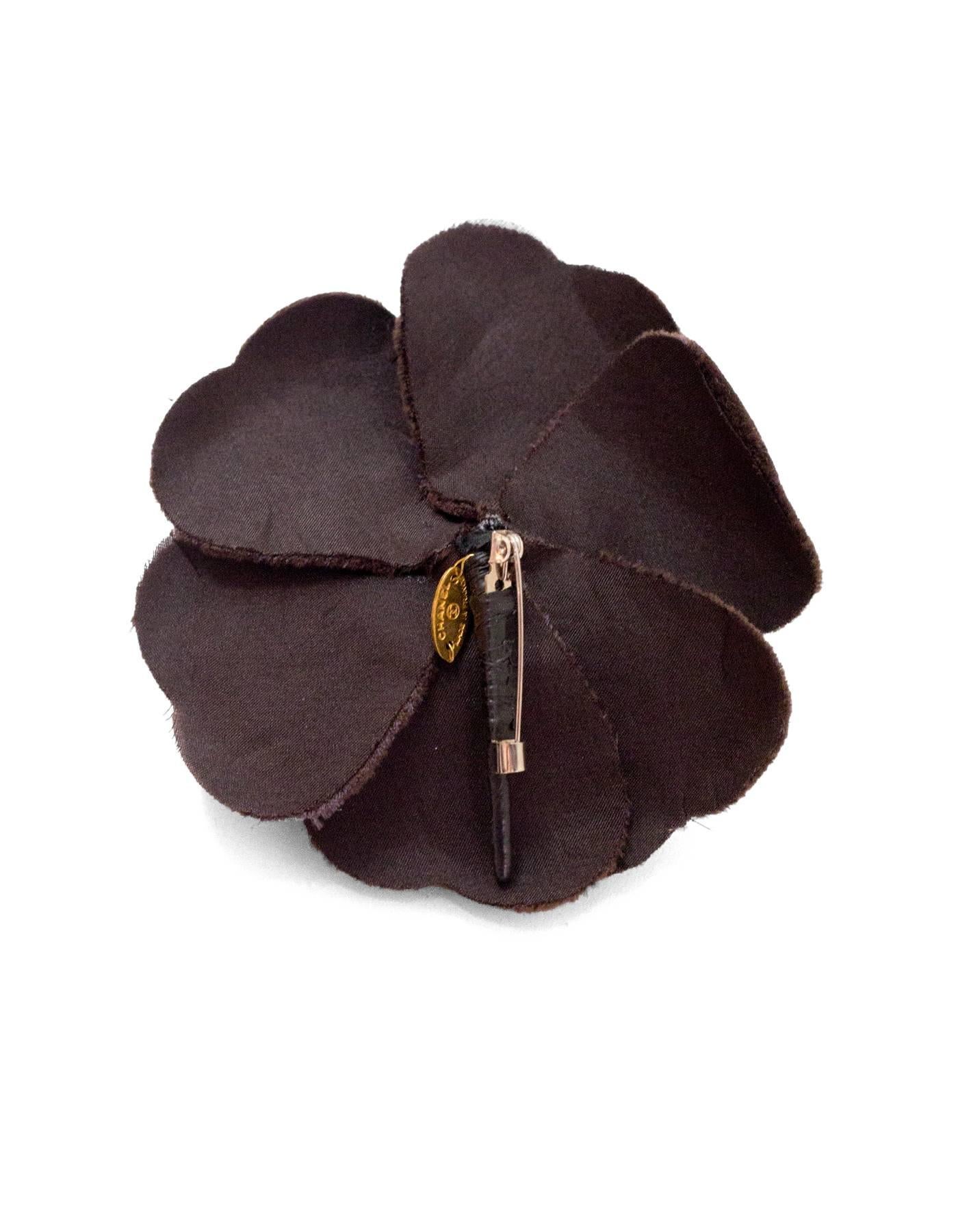 Chanel Brown Velvet Camellia Flower Brooch Pin In Excellent Condition In New York, NY