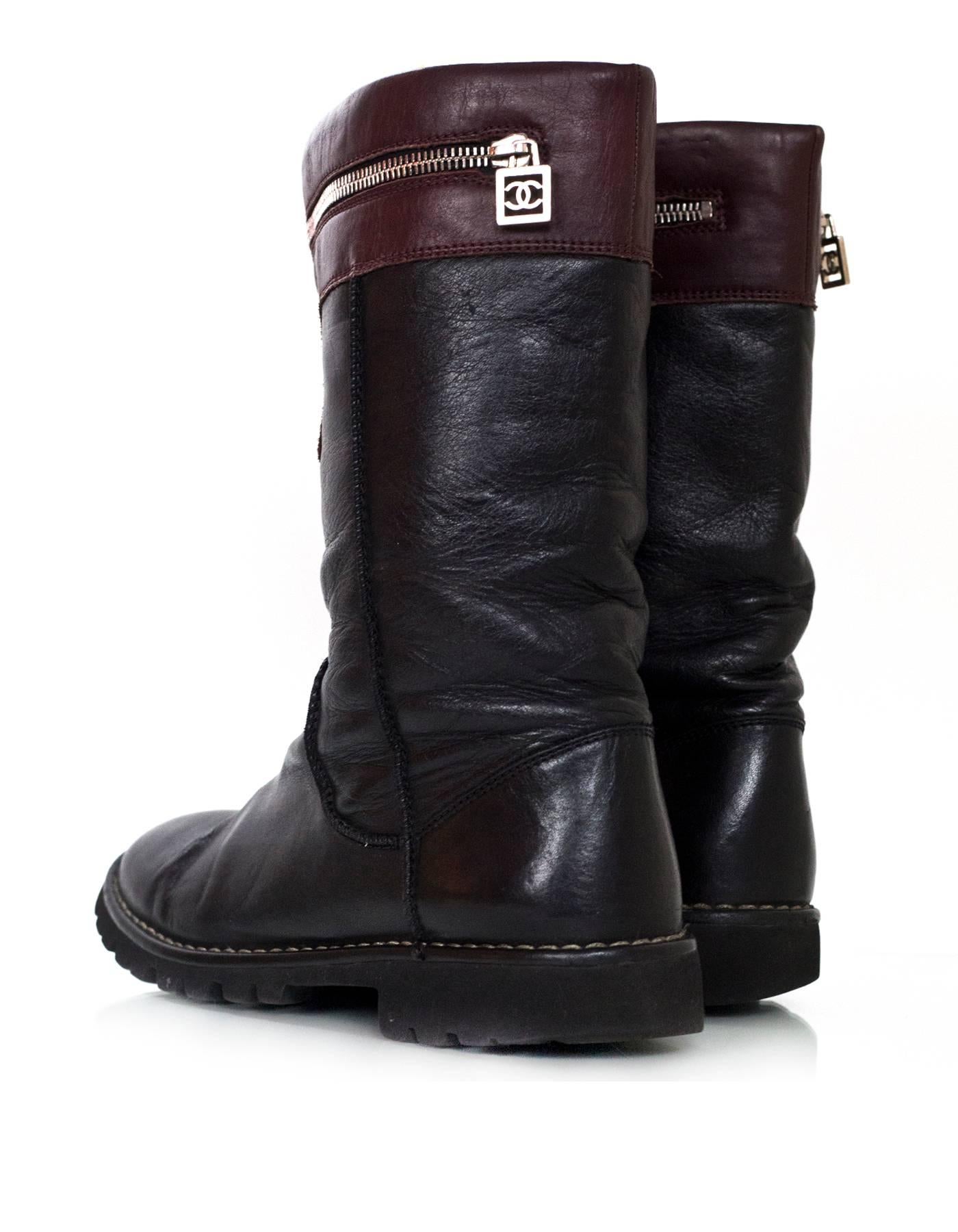 Women's Chanel Black & Burgundy Calfskin Moto Zipper Boots Sz 40