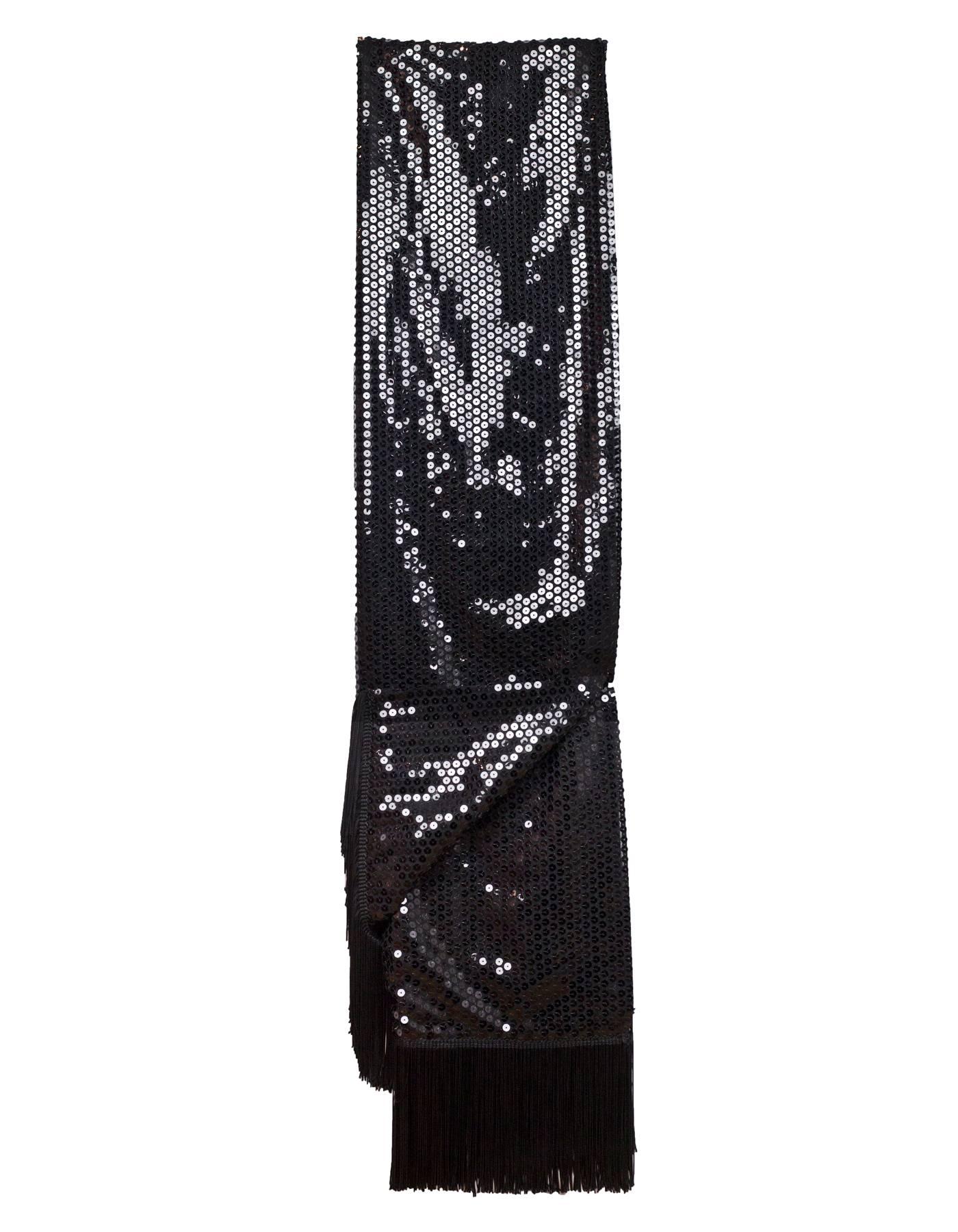Black Oblong Sequin & Fringe Evening Shawl In Excellent Condition In New York, NY