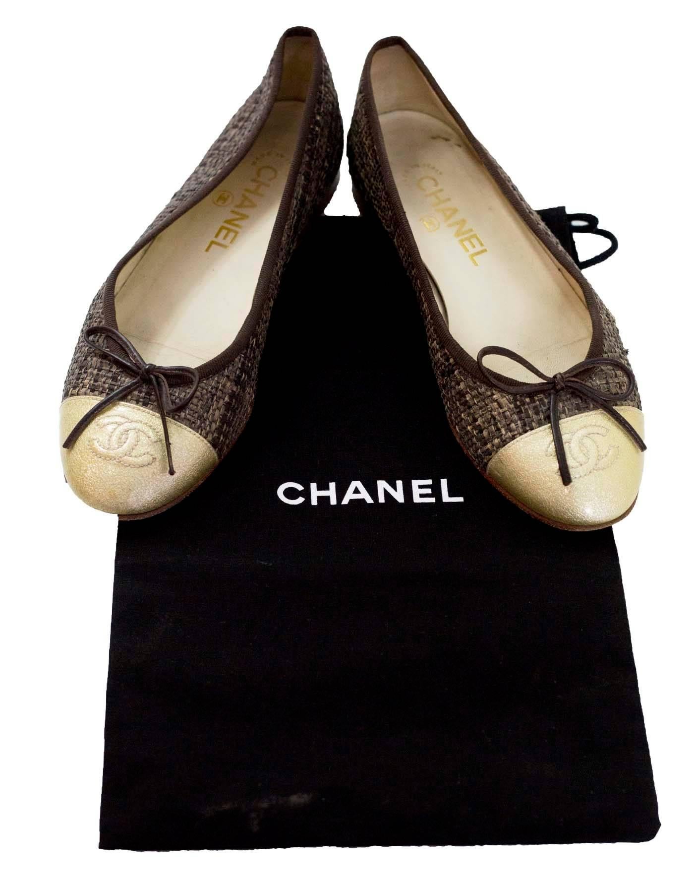 Women's Chanel Brown Woven CC Cap-Toe Flats Sz 36 with DB