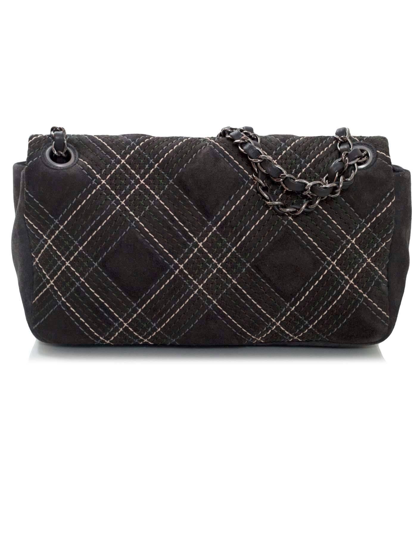 Black Chanel '13 Grey Suede Paris/Edinburg Saltire Stitch Flap Bag with Auth Card, Box
