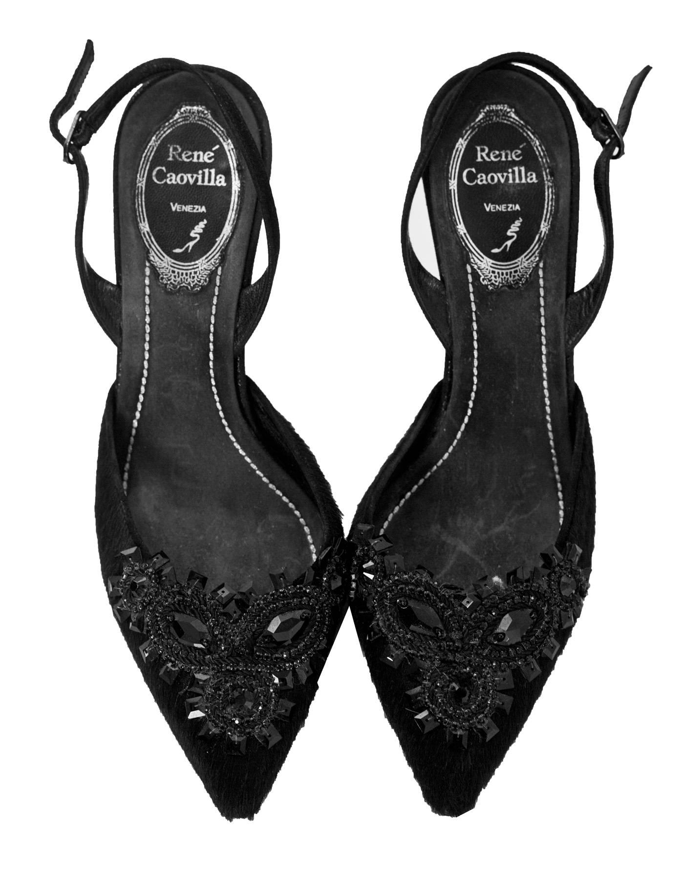 Rene Caovilla Black Calfskin Embellished Pumps Sz 35.5 In Good Condition In New York, NY