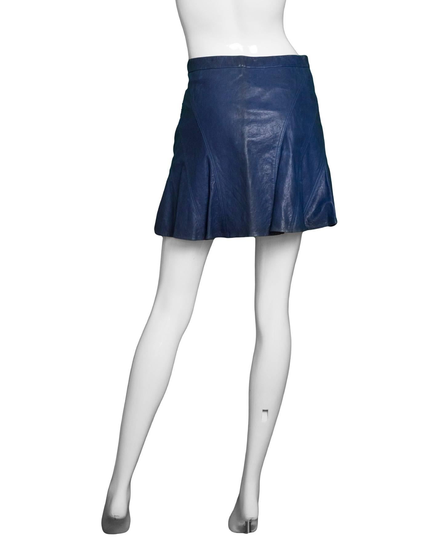 10 Crosby Derek Lam Blue Leather Flared Skirt Sz 0 In Good Condition In New York, NY
