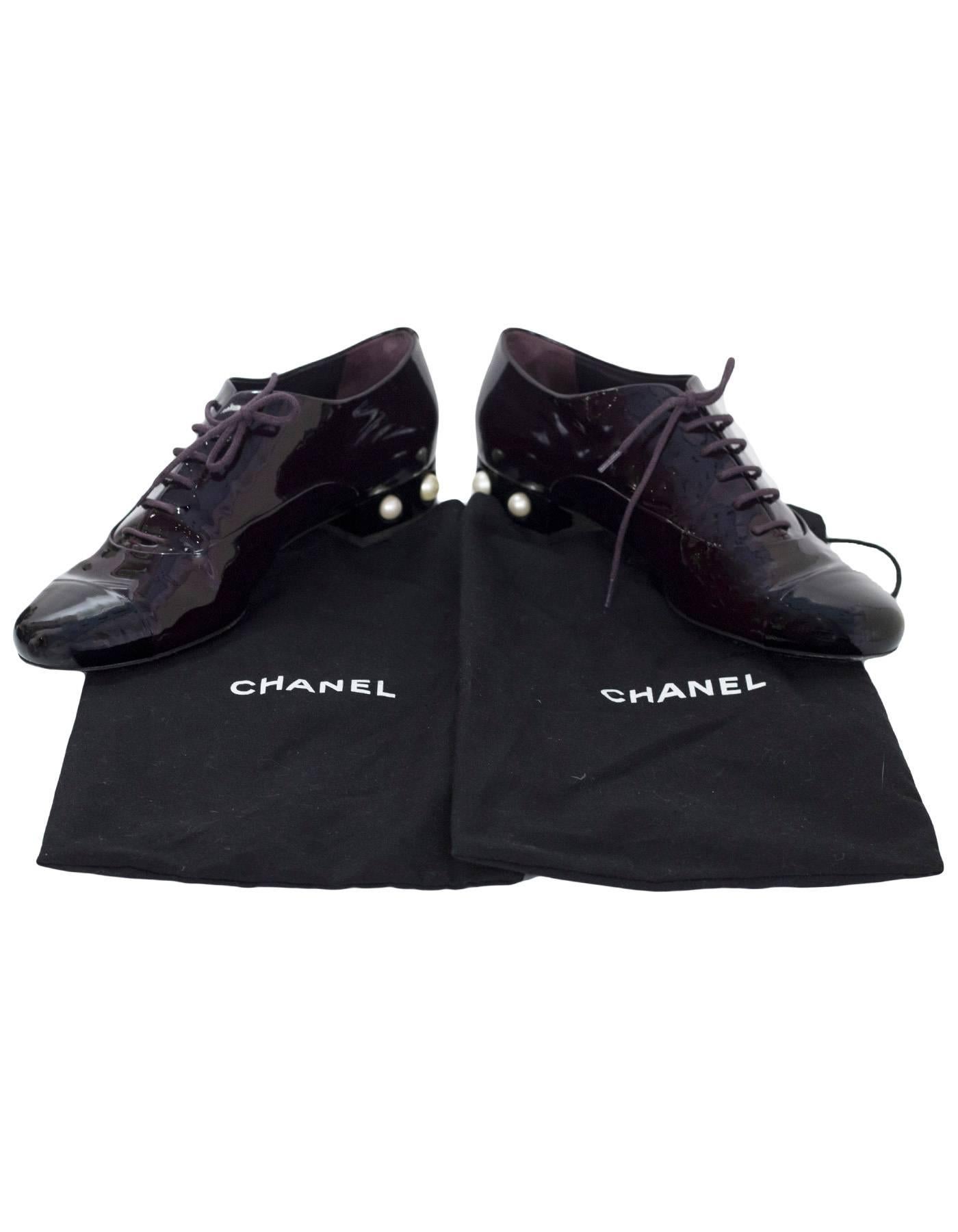 Black Chanel Burgundy Patent & Pearl CC Oxford Shoes Sz 41  with DB