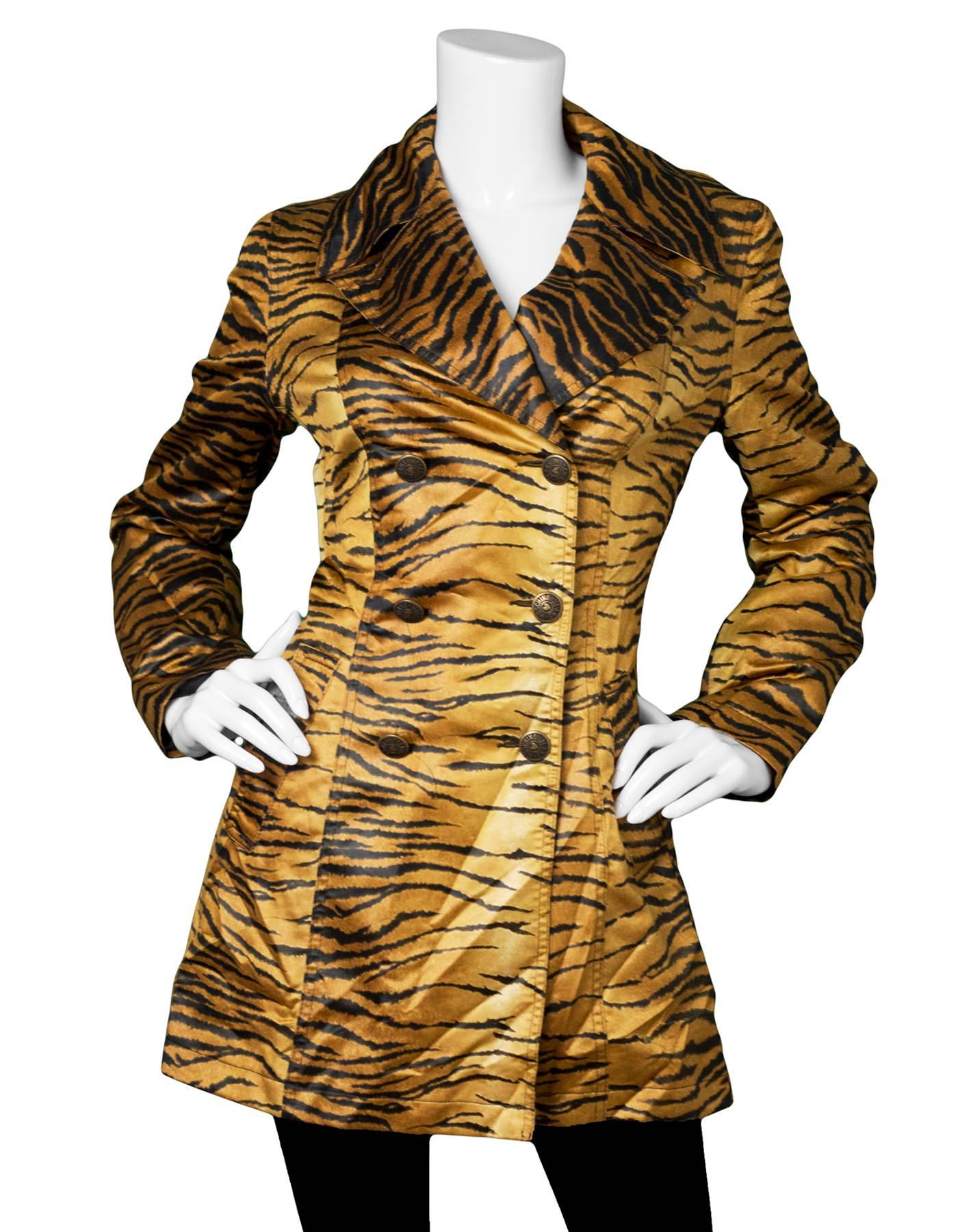 Moschino Jeans Tiger Print Satin Trench Coat 
Features optional waist belt

Made In: Italy
Color: Orange and black
Composition: 100% polyester
Lining: Black, 100% polyester
Closure/Opening: Button down closure
Exterior Pockets: Two hip
