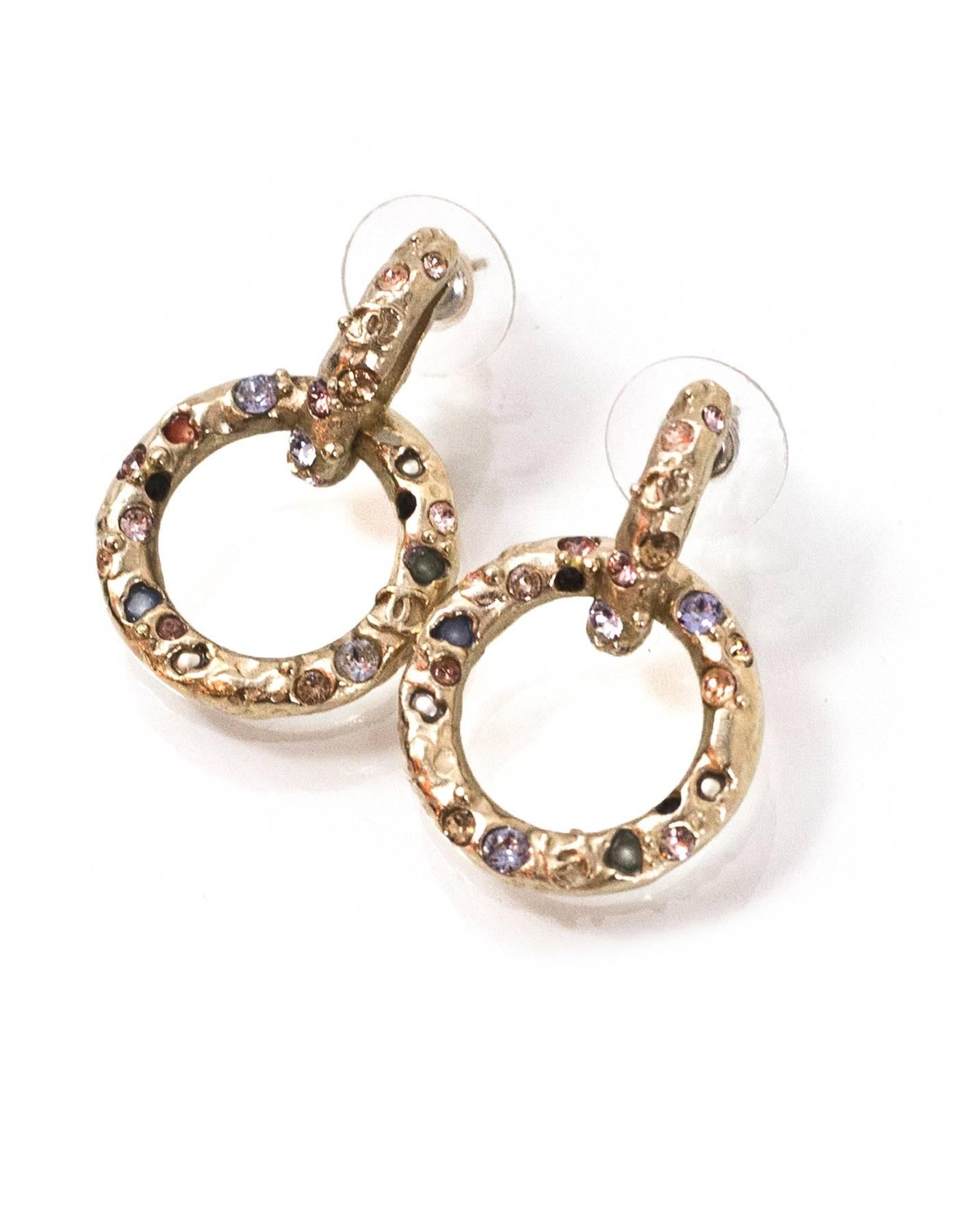 Chanel 2016 Pale Gold & Multi-Colored Crystal Hoop Pierced Earrings In Excellent Condition In New York, NY