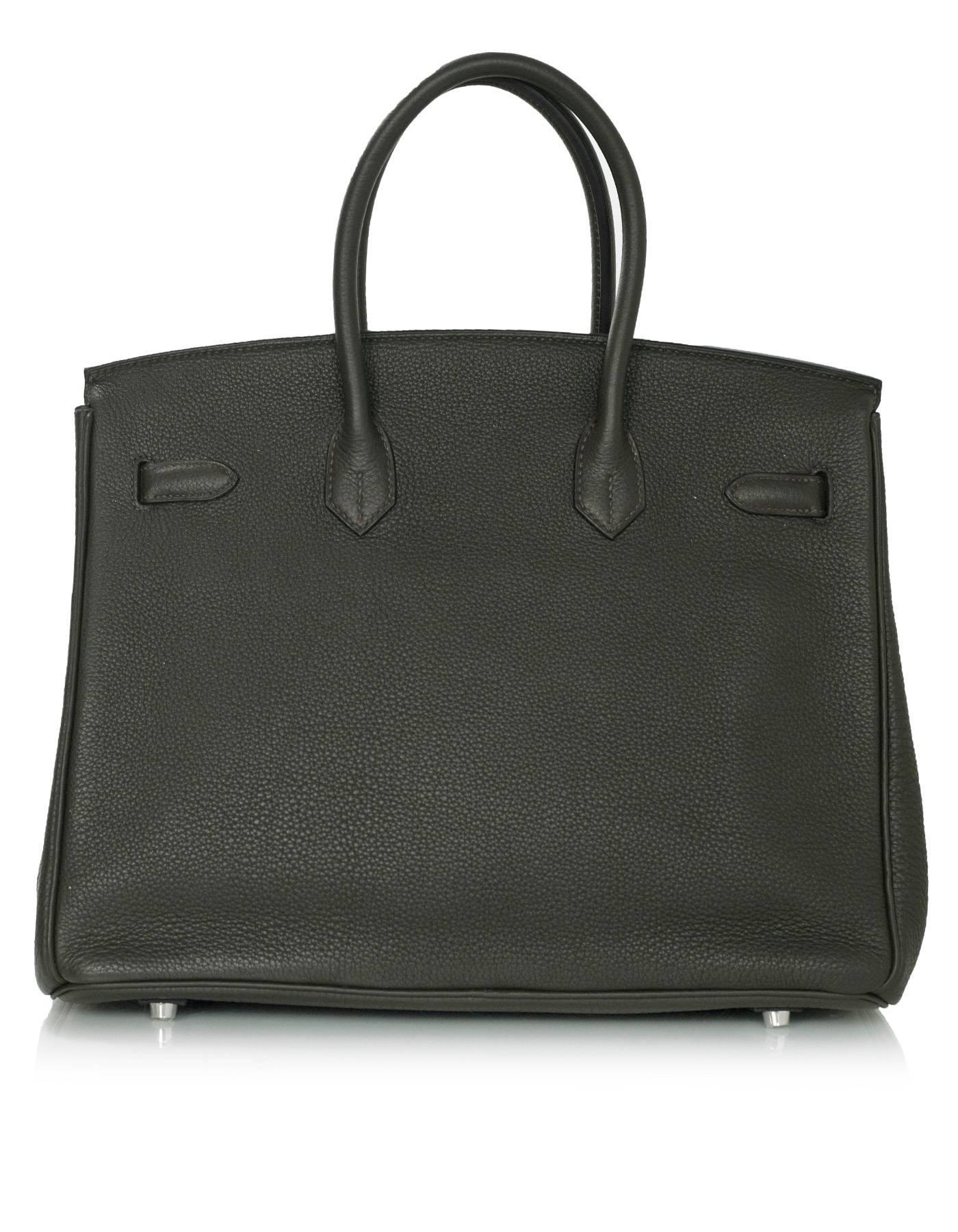 Black Hermes Vert Bronze Clemence Leather 35cm Birkin Bag with Box & Dust Bag