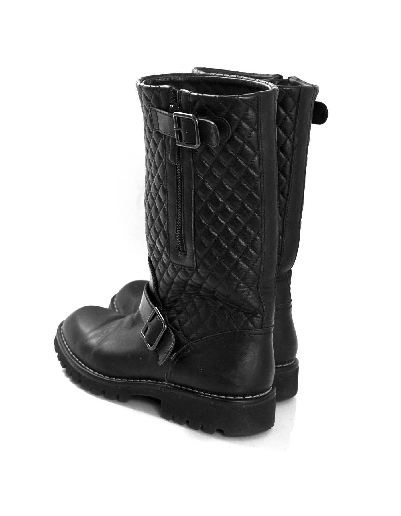 Women's Chanel Black Quilted Leather Biker Boots Sz 38.5