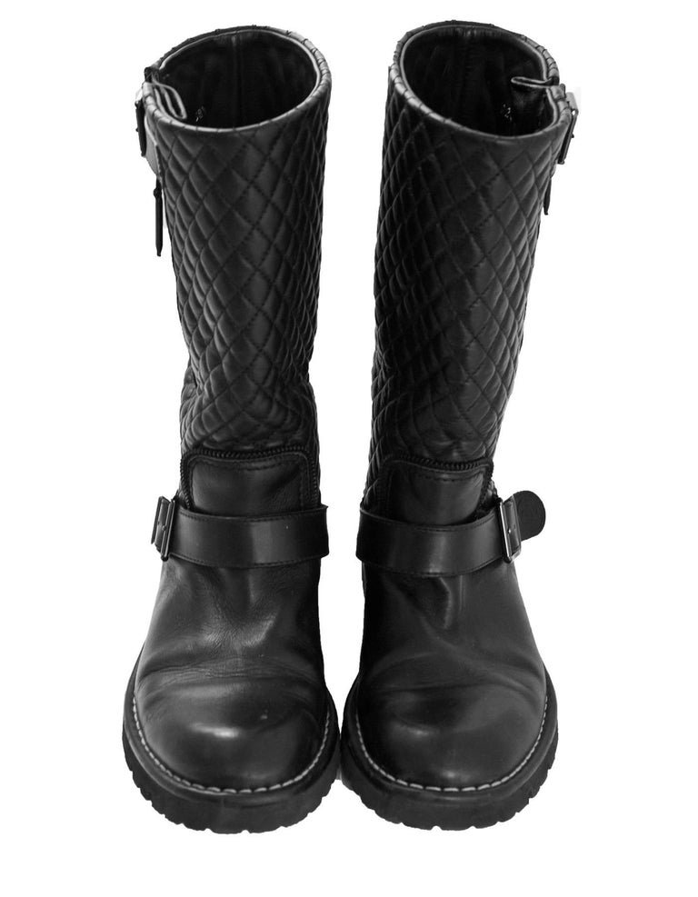 Chanel Black Quilted Leather Biker Boots Sz 38.5 For Sale at 1stDibs