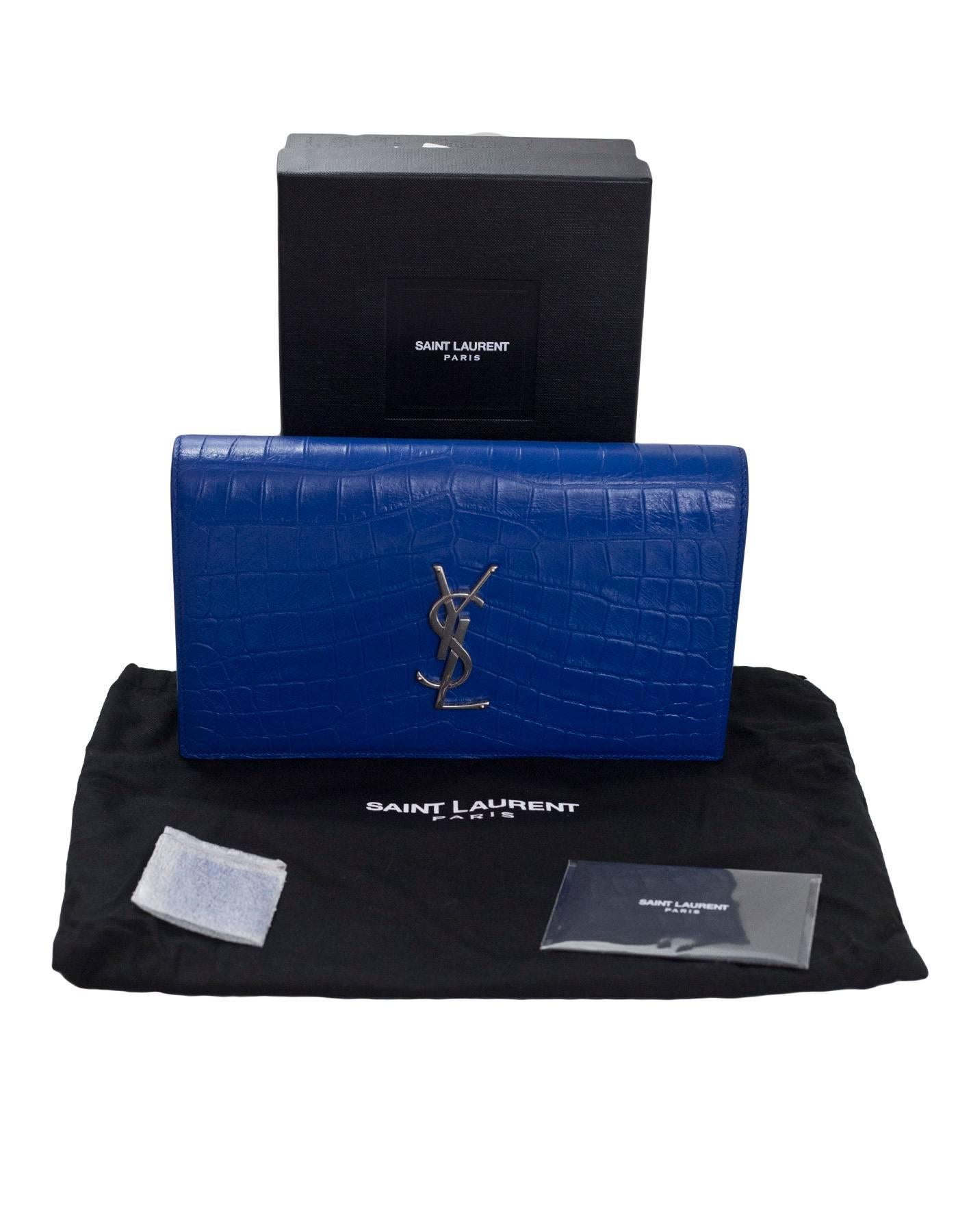 Saint Laurent Royal Blue Embossed Crocodile Monogram Kate Clutch Bag with Box 3