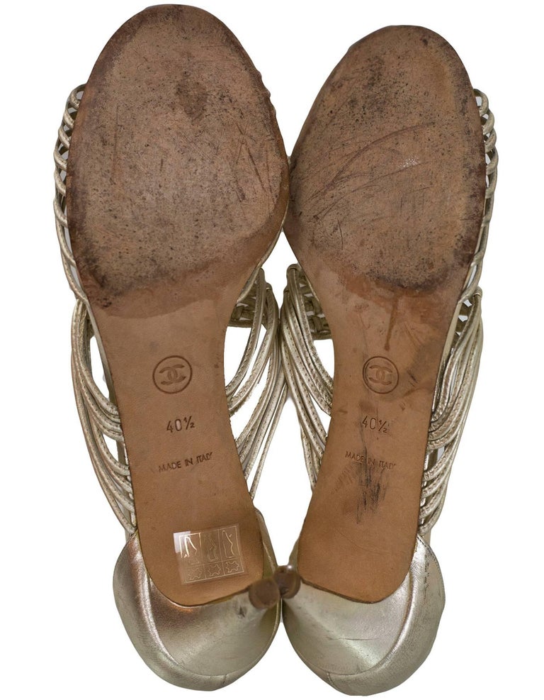 Chanel Gold Leather Strappy Sandals Sz 40.5 at 1stDibs