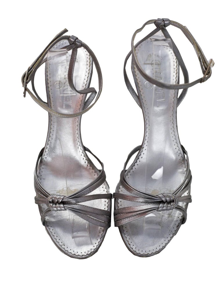 Chanel Silver Leather Sandals Sz 41 For Sale at 1stdibs
