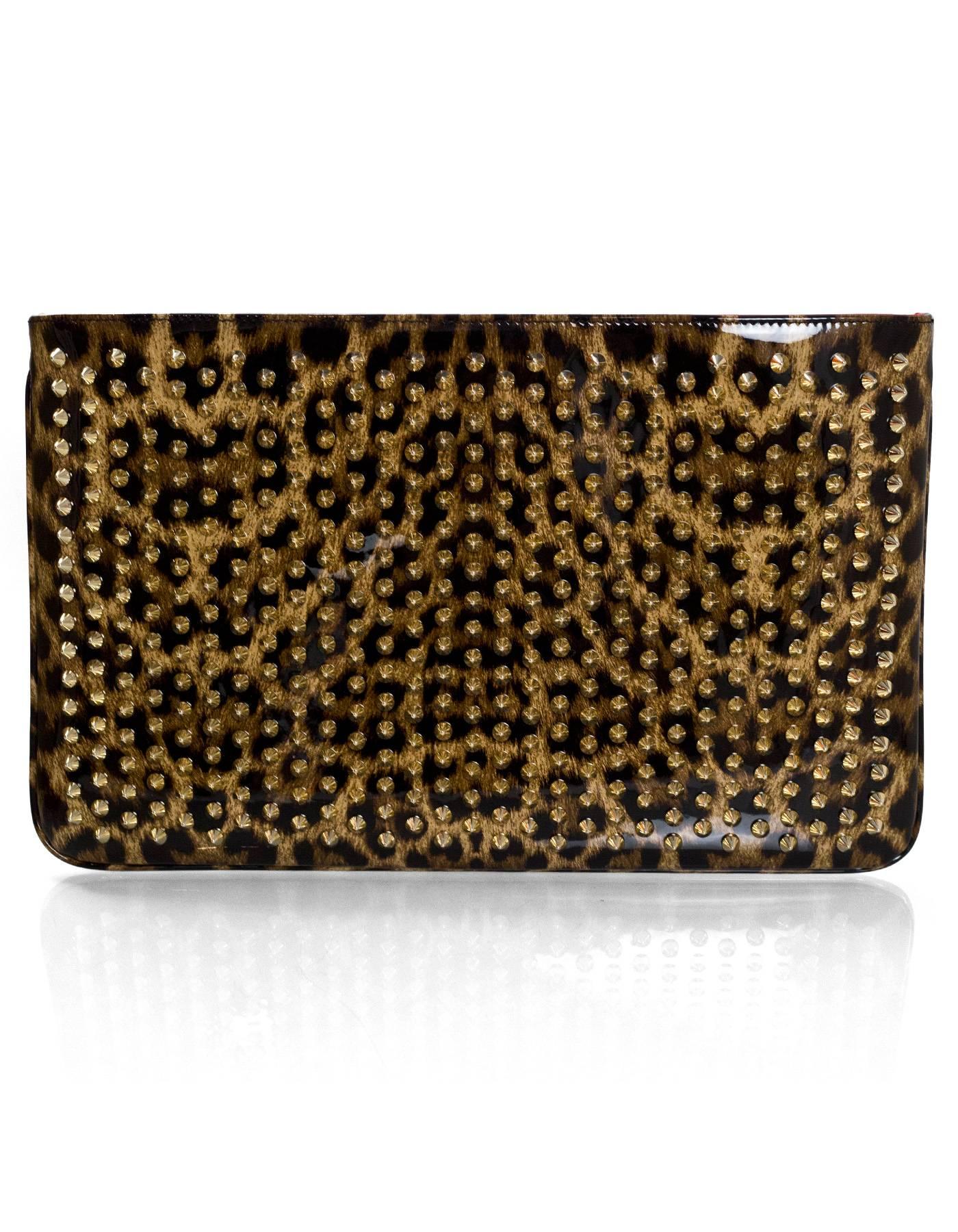 Christian Louboutin Posh Spikes Patent Leopard Clutch/Crossbody Bag In Excellent Condition In New York, NY