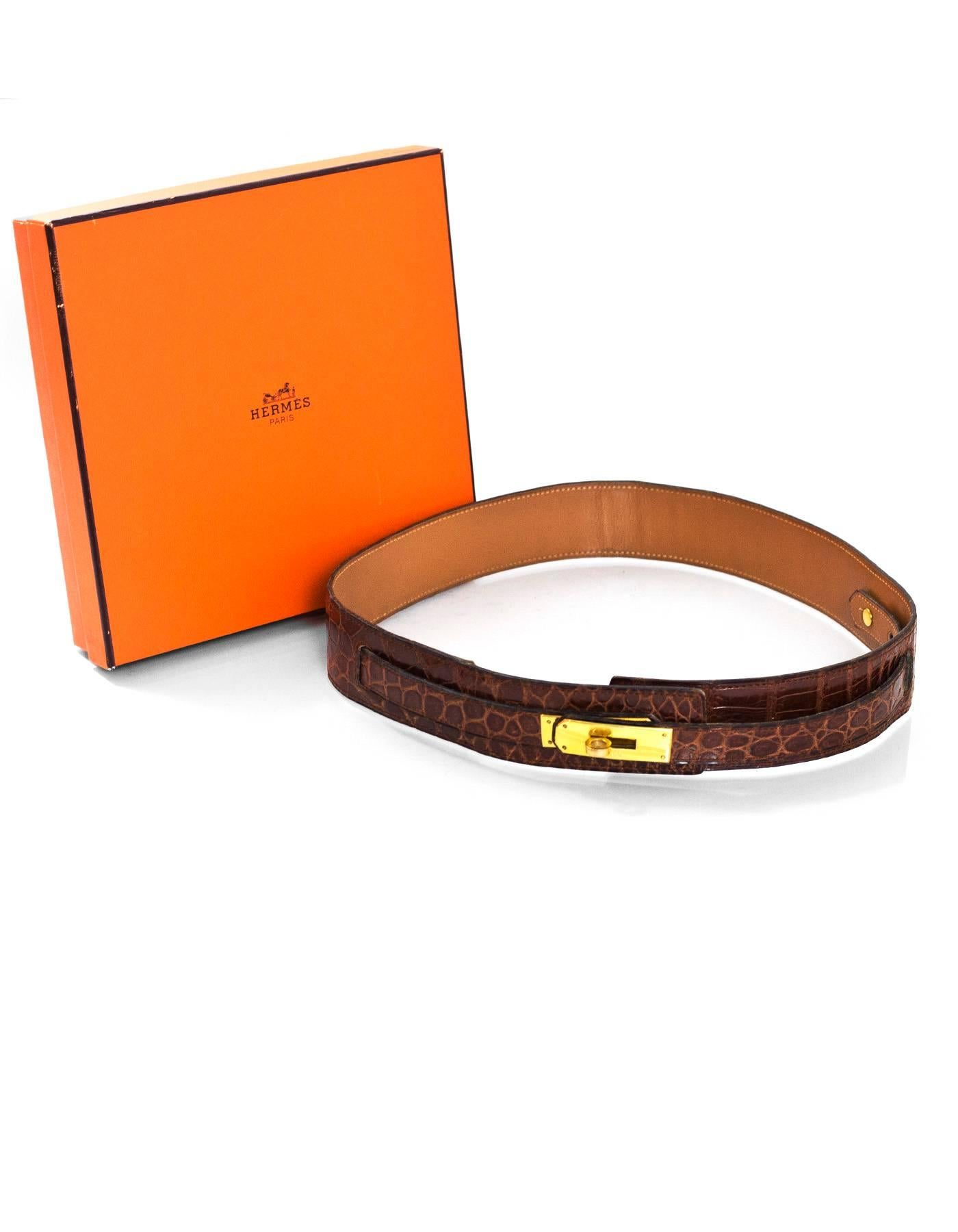 Hermes Brown Vintage Crocodile Kelly Belt with Box sz XS In Good Condition In New York, NY