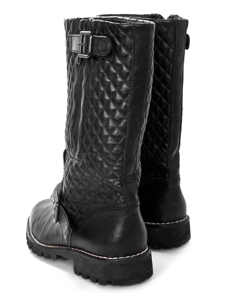 Chanel Black Quilted Leather Biker Boots Sz 40 at 1stDibs
