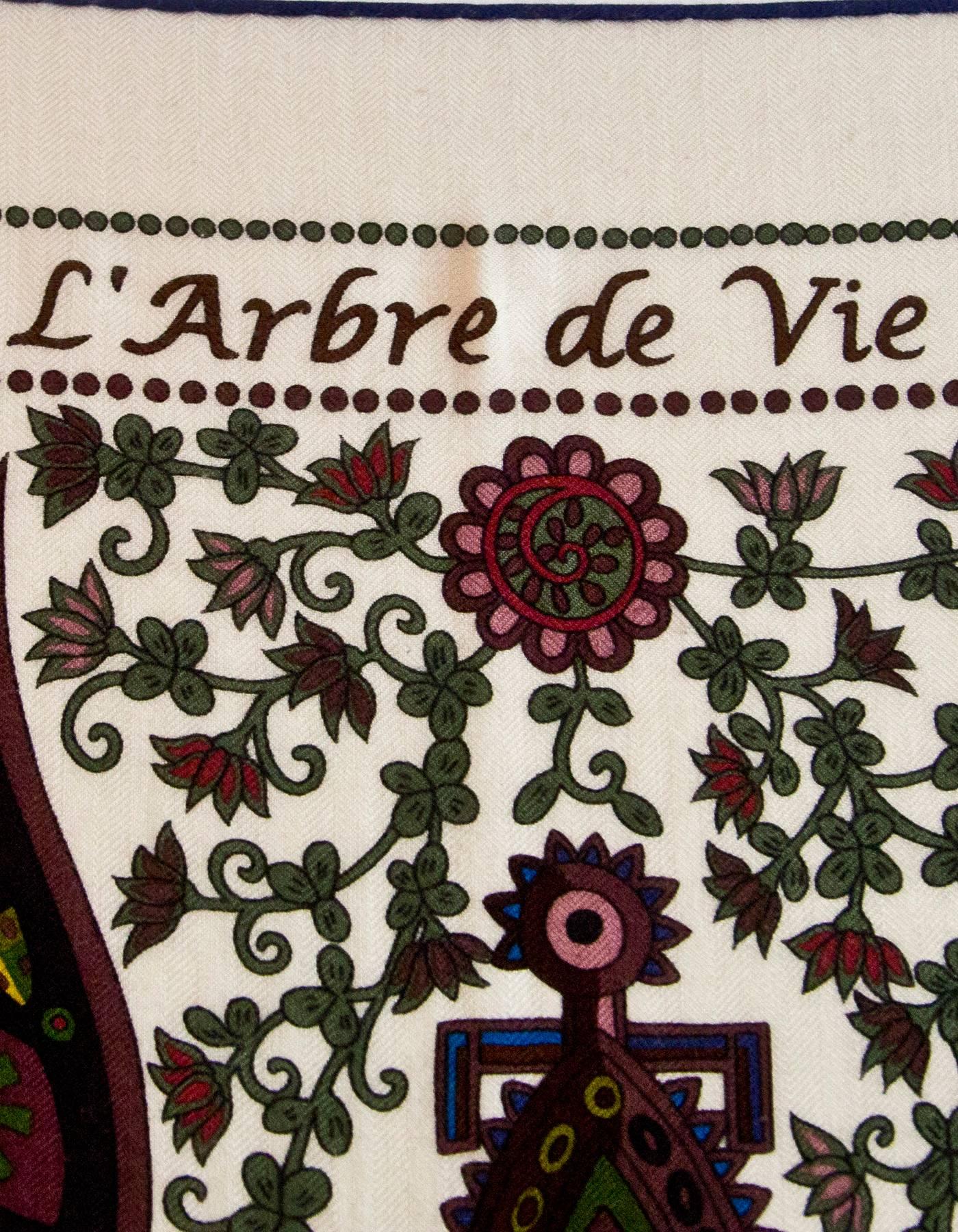 Hermes Cream, Maroon & Blue L'Arbre de Vie Silk & Cashmere Shawl Scarf 140 In Good Condition In New York, NY