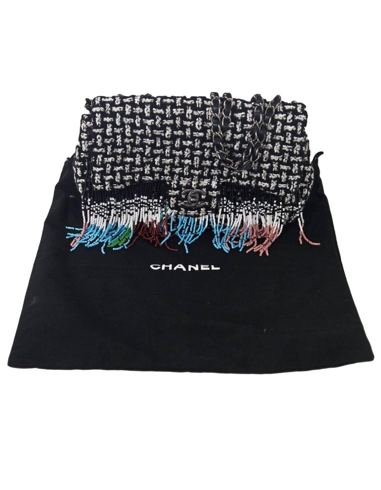 Chanel 2014 Black and White Tweed Paris/Dallas Beaded Fringe Flap Bag ...