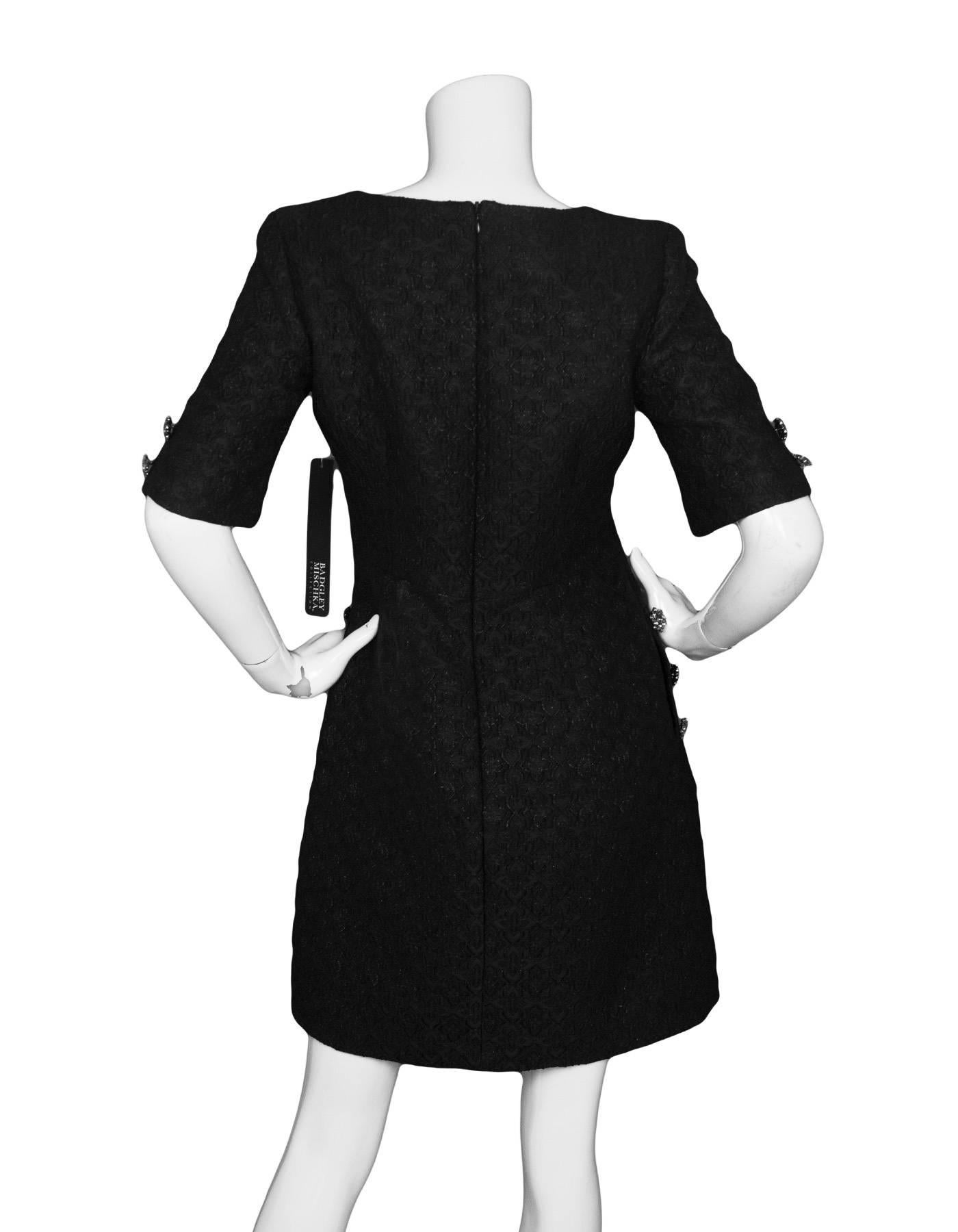 Badgley Mischka Black Brocade Dress with Crystal Buttons Sz 4 NWT In Excellent Condition In New York, NY