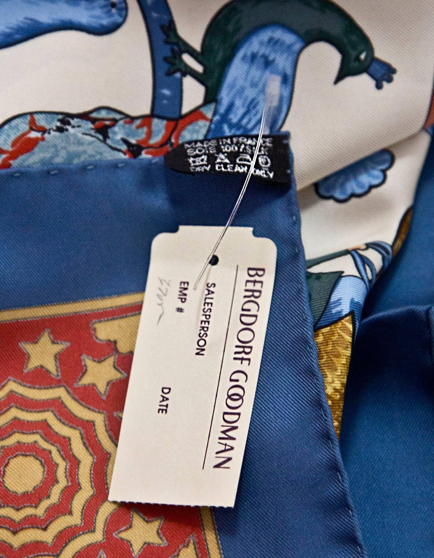 Hermes Blue & Rust Early America Silk 90cm Scarf with Box In Excellent Condition In New York, NY