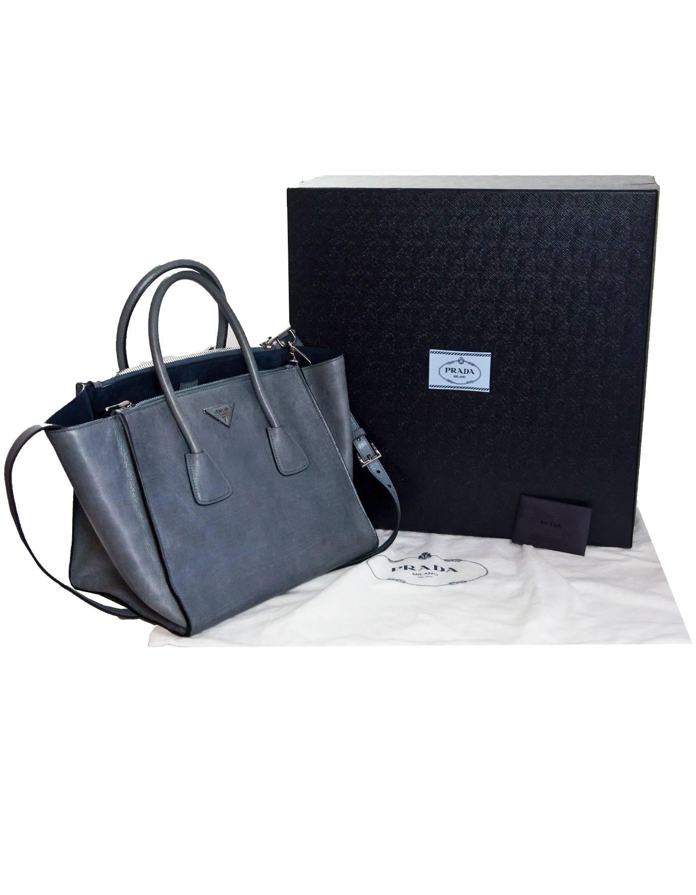 Prada Marine Blue Glace Calf Leather Twin Pocket Tote with Box& Dust Bag 3