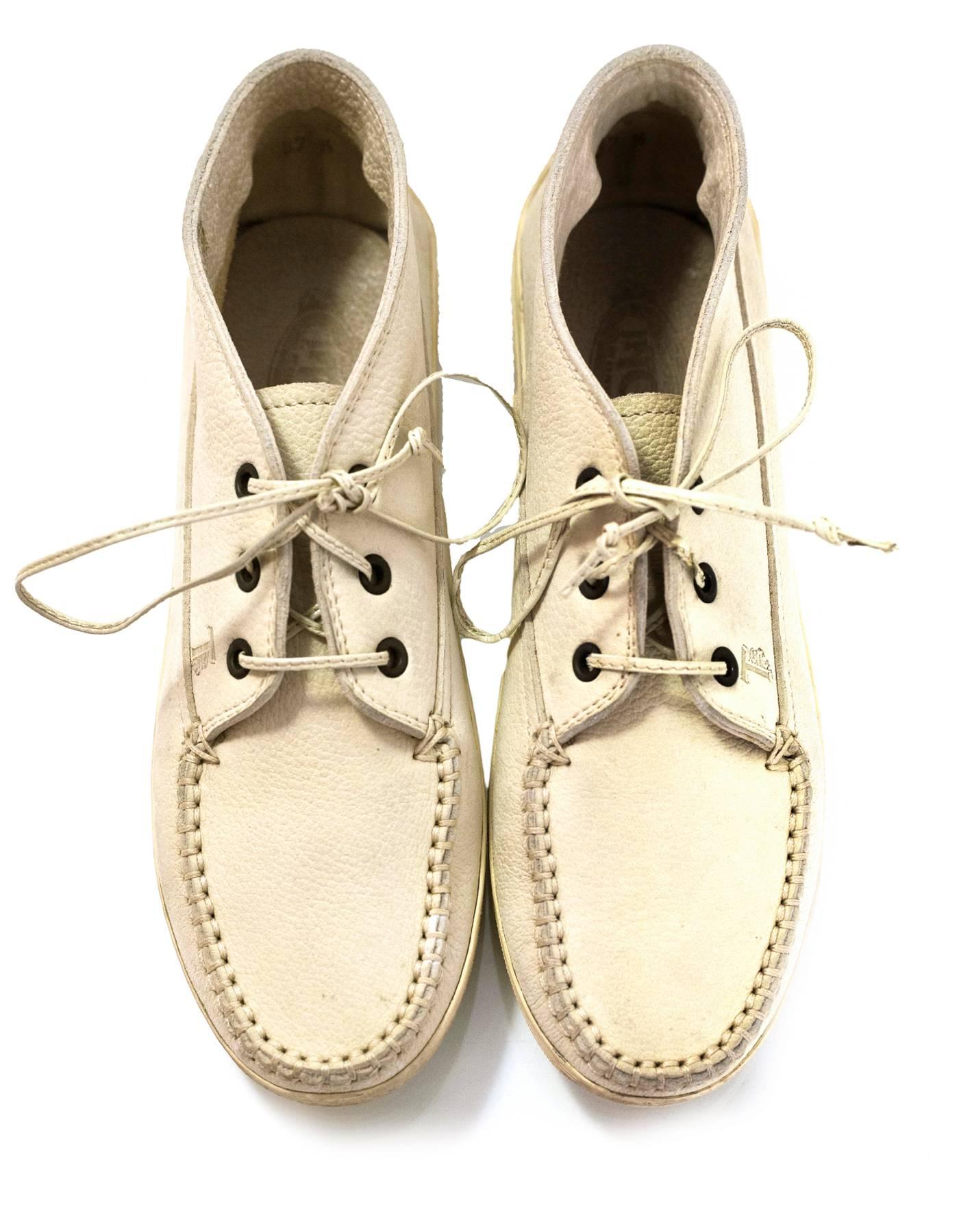 Beige TOD's Cream Leather Lace-Up Loafers Sz 37.5 with DB