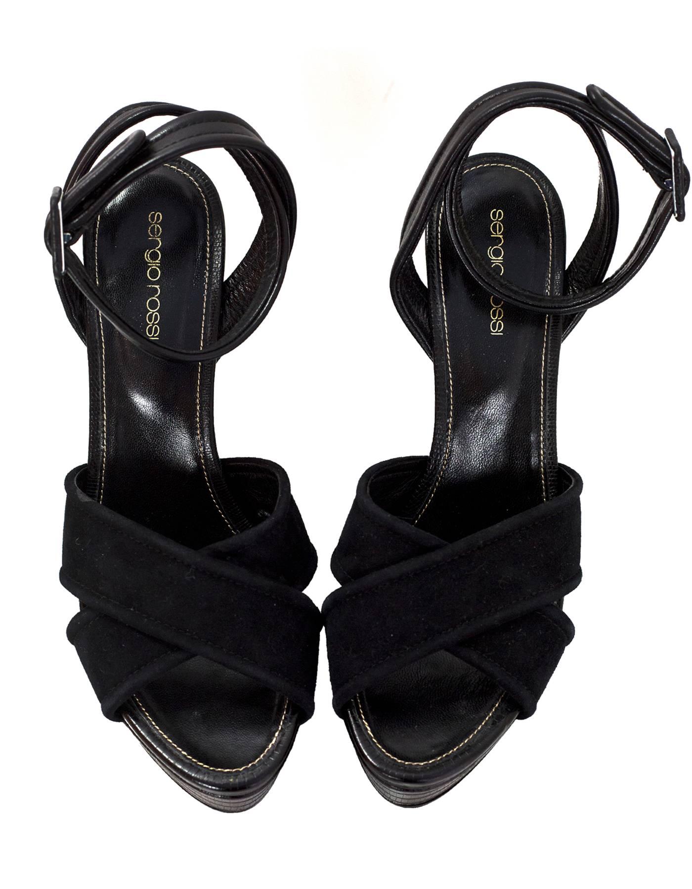 Sergio Rossi Black Suede & Embossed Leather Sandals Sz 40 In Excellent Condition In New York, NY