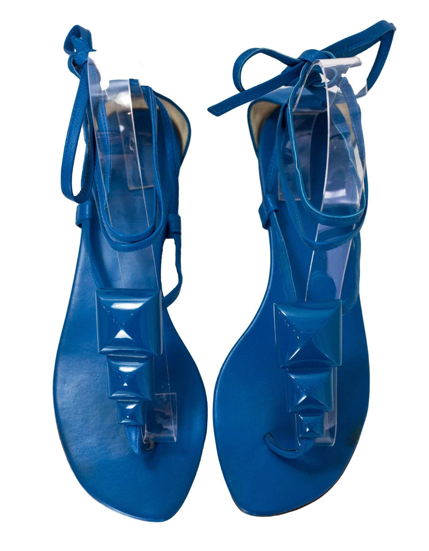 Hermes Blue Leather Wrap Sandals Sz 38 with DB In Excellent Condition In New York, NY