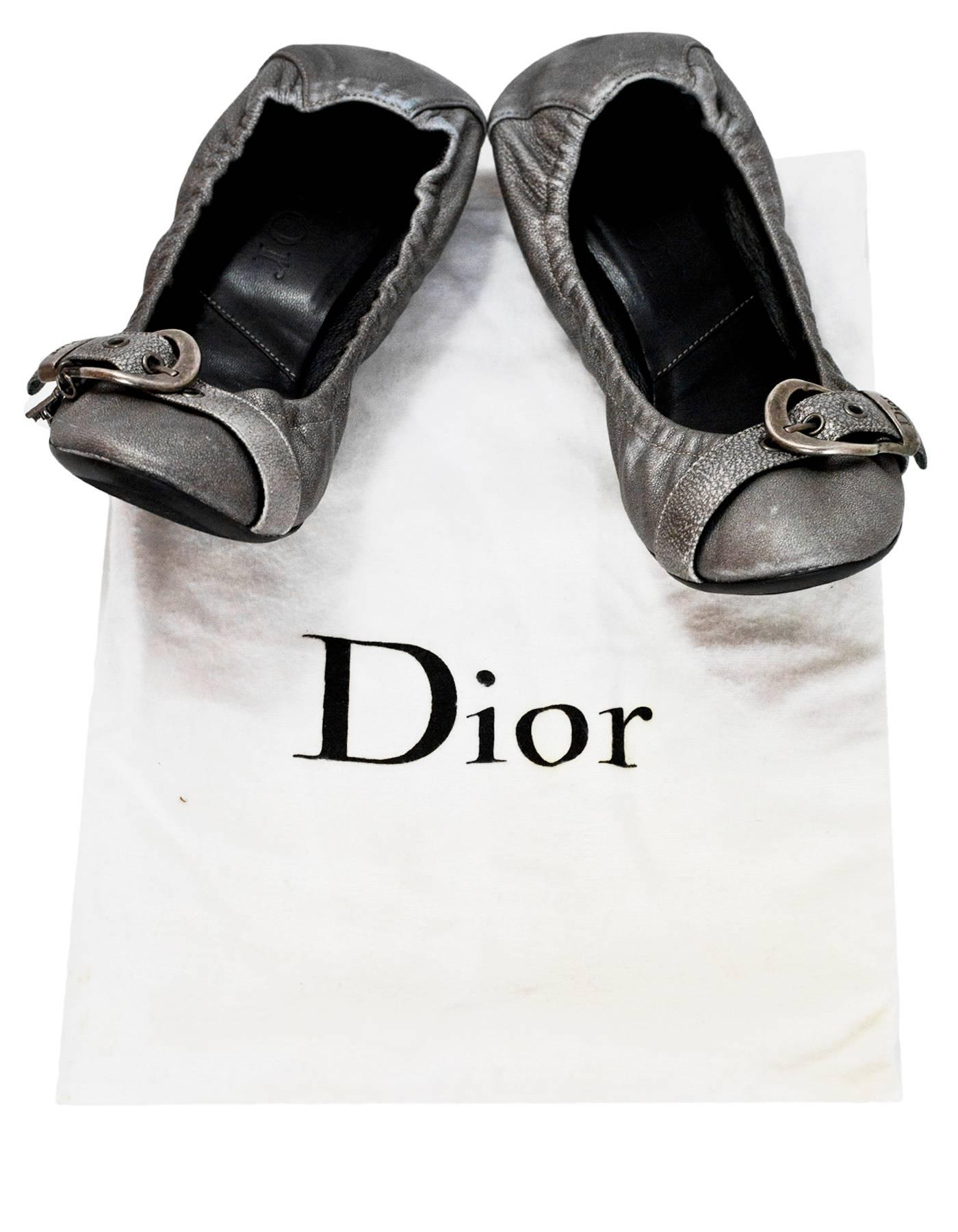 Christian Dior Silver Leather Stretch Flats Sz 37 with DB 1
