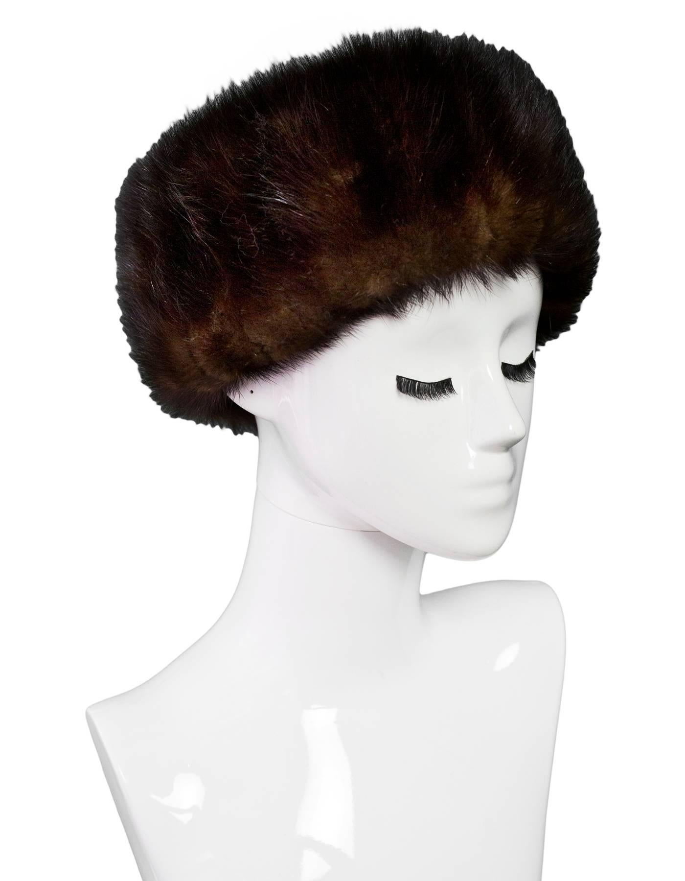 Brown Mink Fur Hat

Color: Brown
Materials: Not listed, feels like mink
Overall Condition: Excellent pre-owned condition, light creasing at hat structure
Measurements:

Interior Diameter: 8