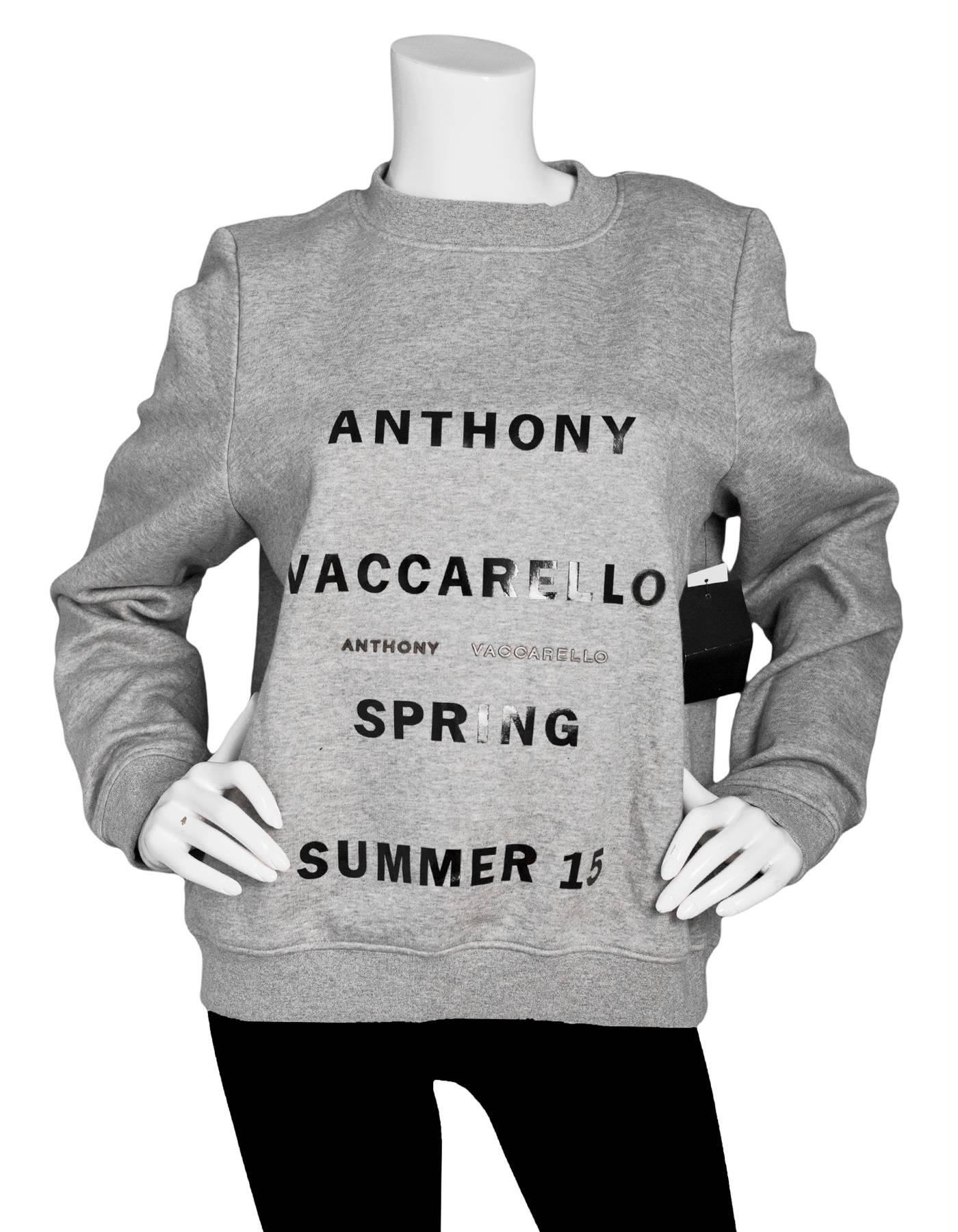 Anthony Vaccarello Grey Spring/Summer '15 Print Sweatshirt Sz FR42 NWT

Made In: France
Color: Grey, black
Composition: 61% cotton, 35% nylon, 2% silk, 2% cashmere
Lining: None
Closure/Opening: Pull over
Exterior Pockets: None
Interior Pockets: