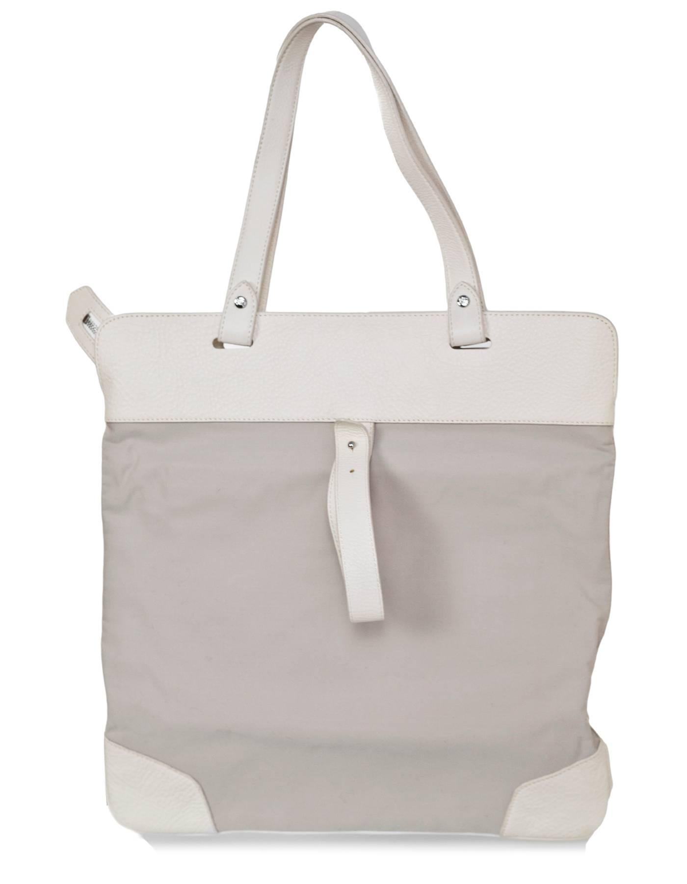 Gray Burberry White & Light Grey Leather & Canvas Tote Bag