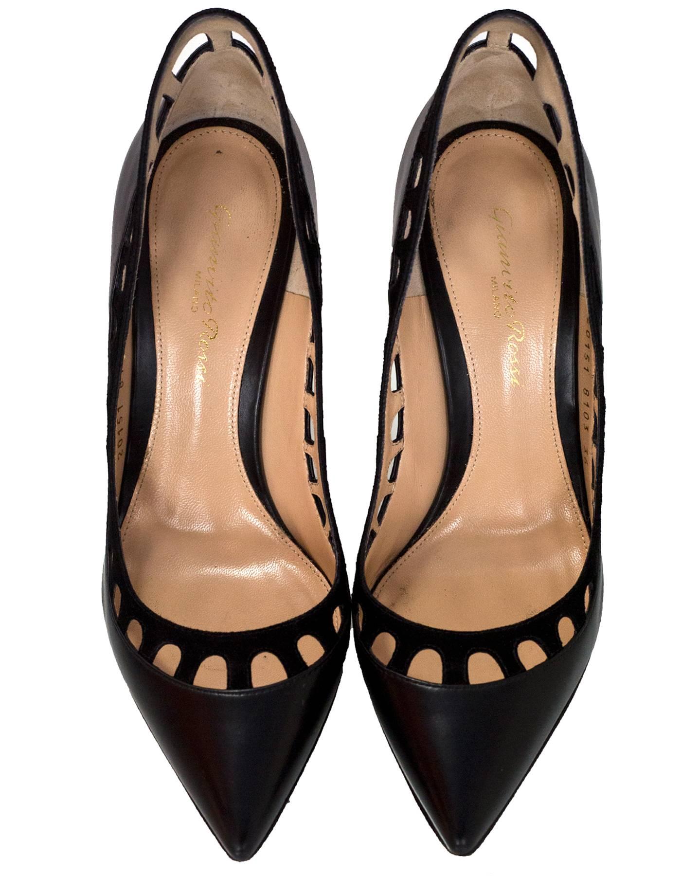 Gianvito Rossi Black Leather & Suede Cut-Out Collar Pumps Sz 36 In Excellent Condition In New York, NY