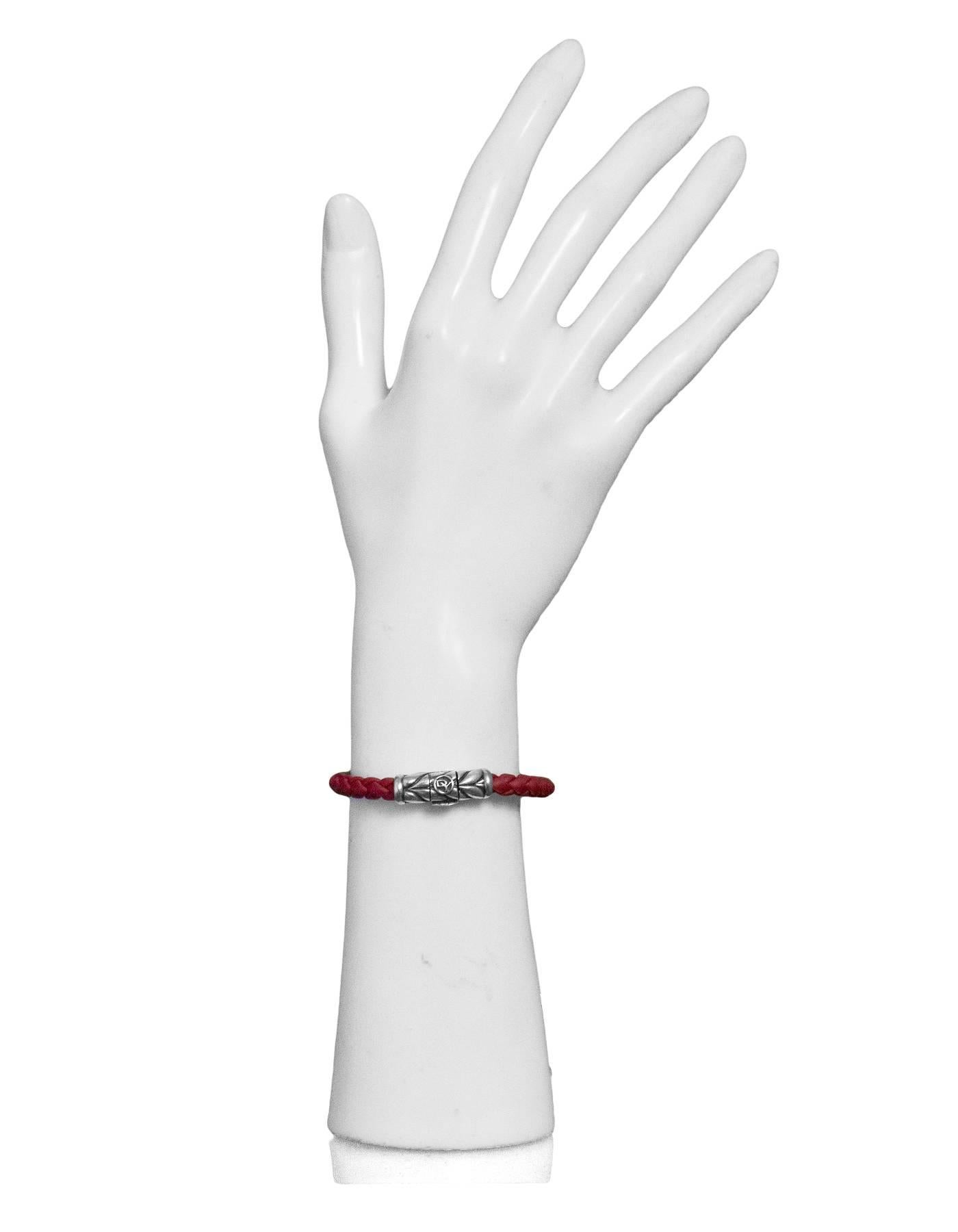 David Yurman 6mm Red Chevron Woven Rubber Bracelet

Color: Red, silver
Materials: Rubber, sterling
Closure/Opening: Push-tab with magnet
Stamp: D.Yurman 925
Retail Price: $295 + tax
Overall Condition: Excellent pre-owned condition with the exception