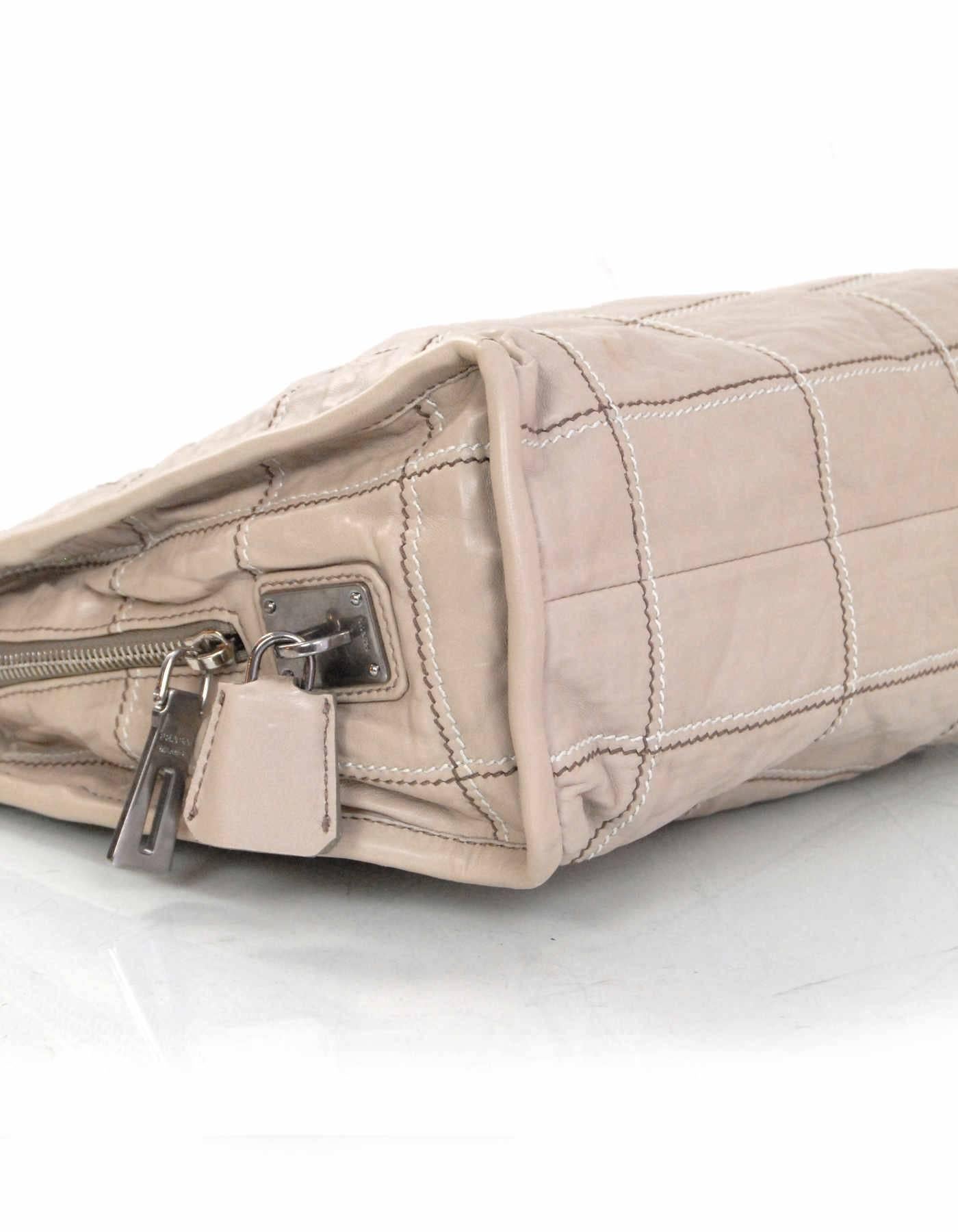 Beige Prada Argilla Grey Stitched Nappa Antique Leather Tote Bag