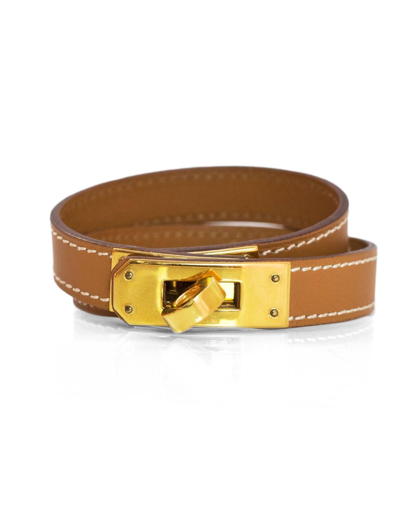 Hermes Tan Leather Kelly Double Tour Bracelet with Box In Excellent Condition In New York, NY