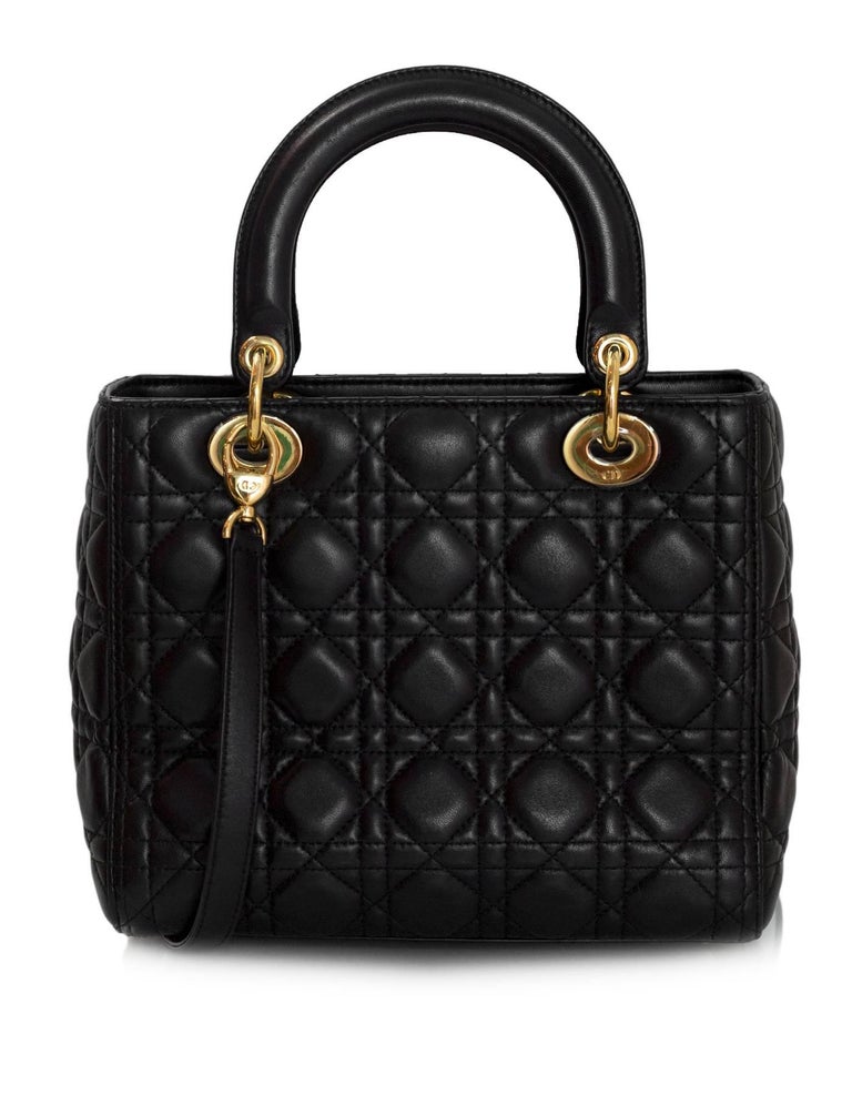 Christian Dior Black Lambskin Cannage Medium Lady Dior Bag For Sale at