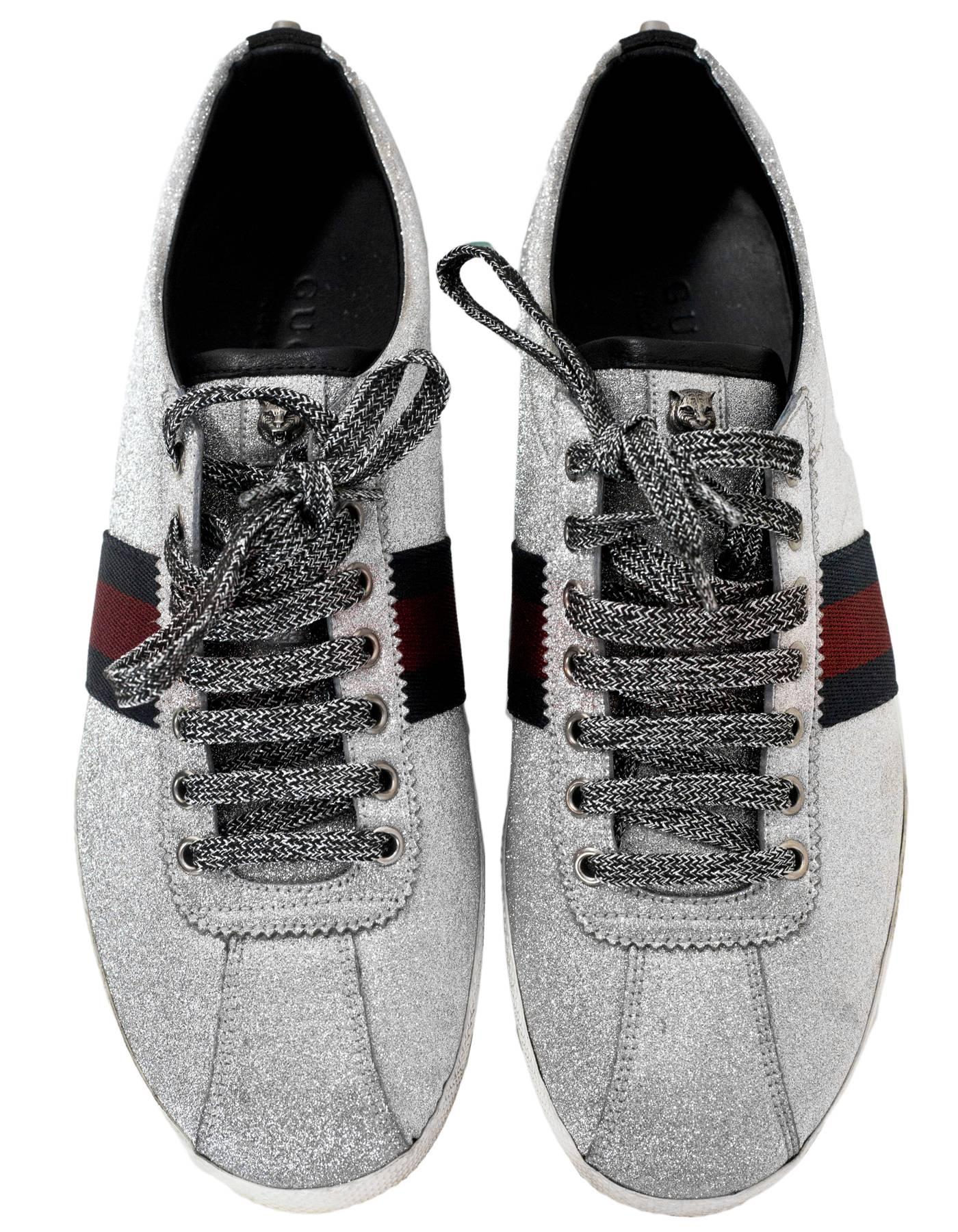 Gucci Men's Silver Glitter & Web Sneakers Sz 9 with Box, DB In Excellent Condition In New York, NY