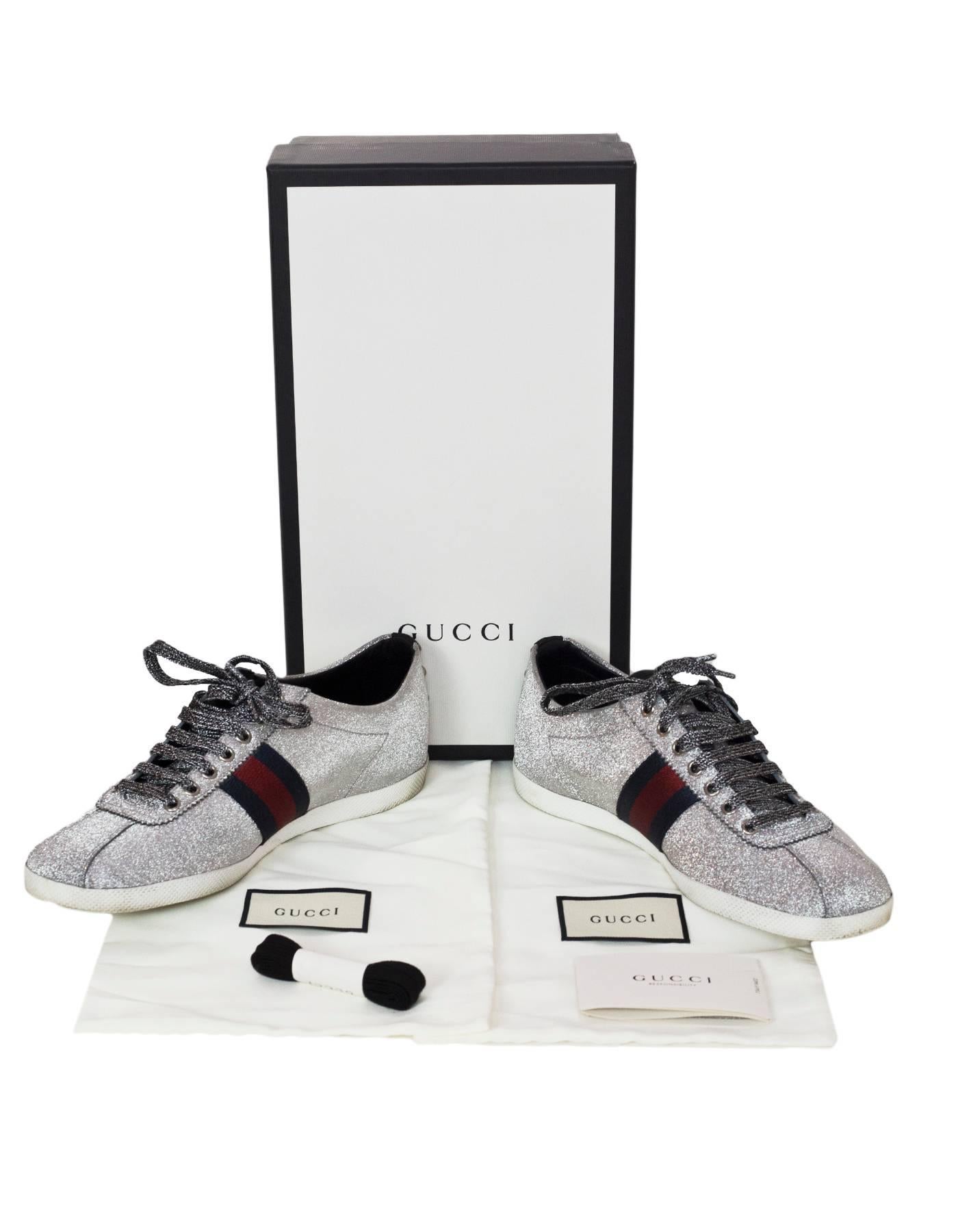 Gucci Men's Silver Glitter & Web Sneakers Sz 9 with Box, DB 3