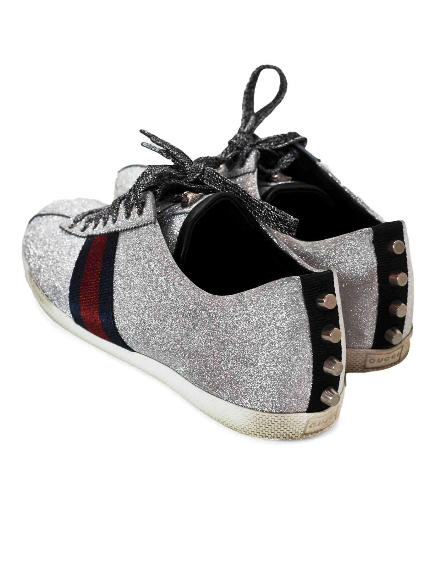 Gucci Men's Silver Glitter & Web Sneakers Sz 9 with Box, DB 1