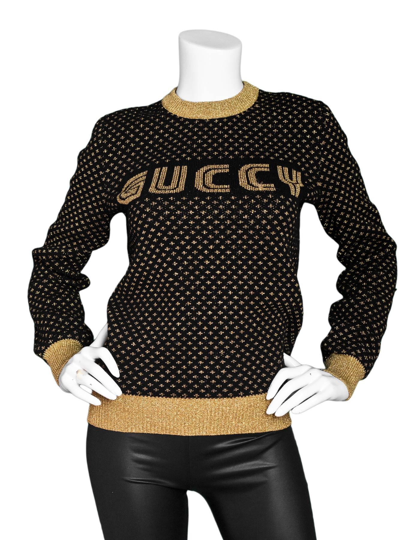 Gucci Black & Gold Guccy Sega Sweater

Color: Black, gold
Composition: 80% wool, 10% metallised fiber, 10% nylon
Lining: None
Closure/Opening: Pull over 
Exterior Pockets: None
Interior Pockets: None
Retail Price: $1,300 + tax
Overall Condition: