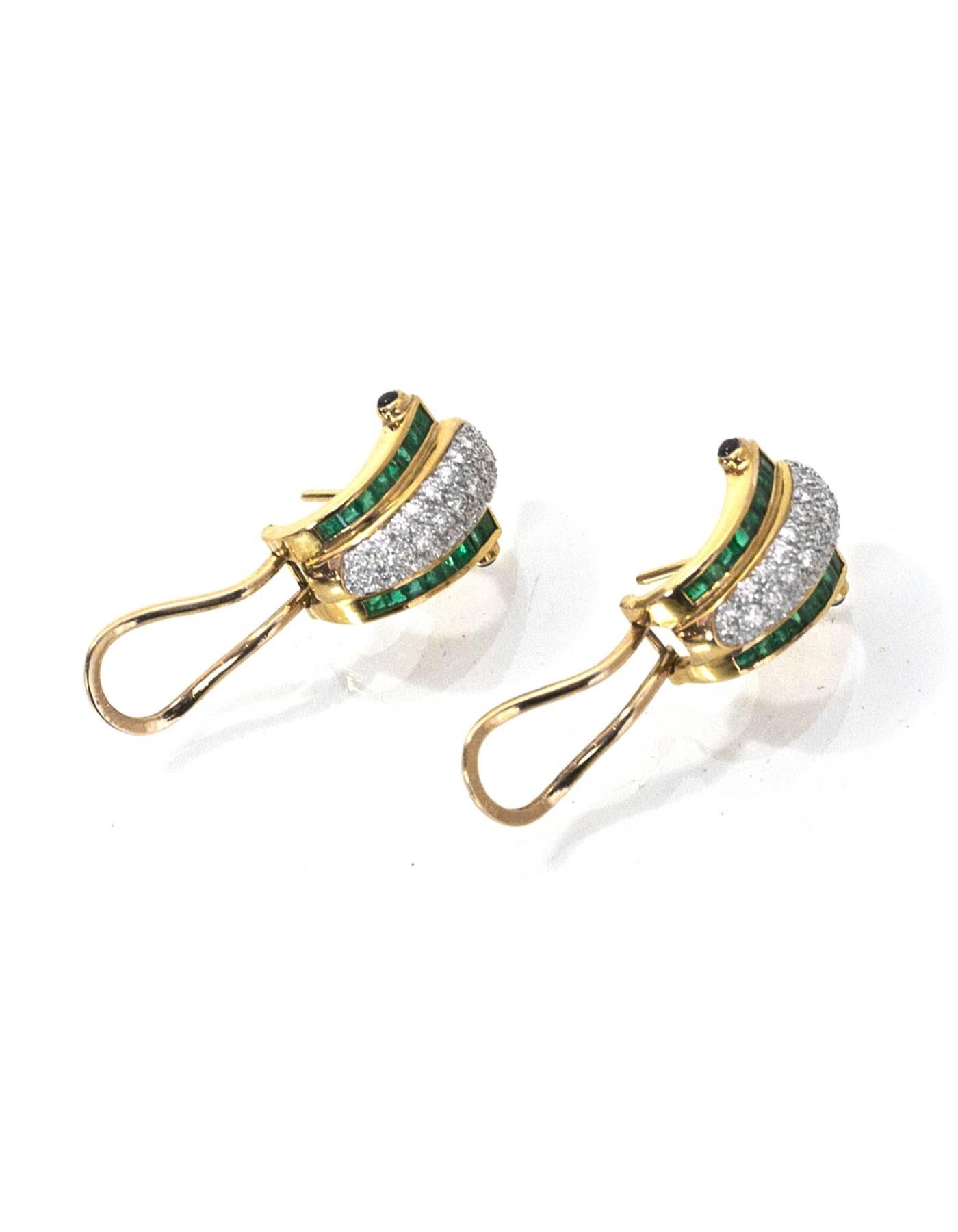 18k Yellow Gold, Diamond, Emerald & Ruby Pierced Earrings In Excellent Condition In New York, NY