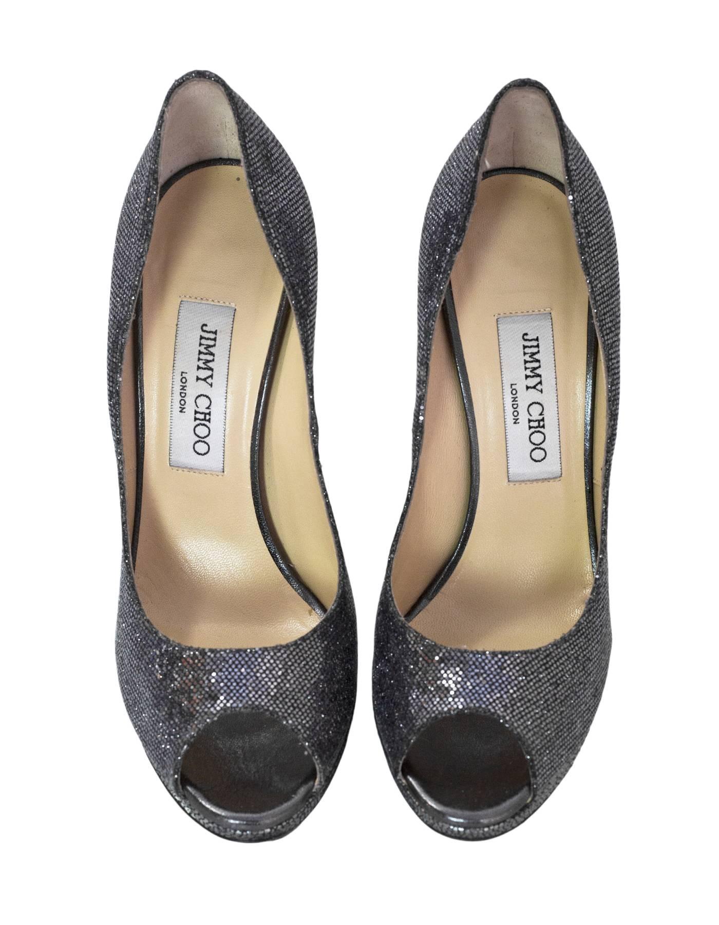 Jimmy Choo Silver Glitter Platform Peep Toe Pumps sz 37.5 In Excellent Condition In New York, NY