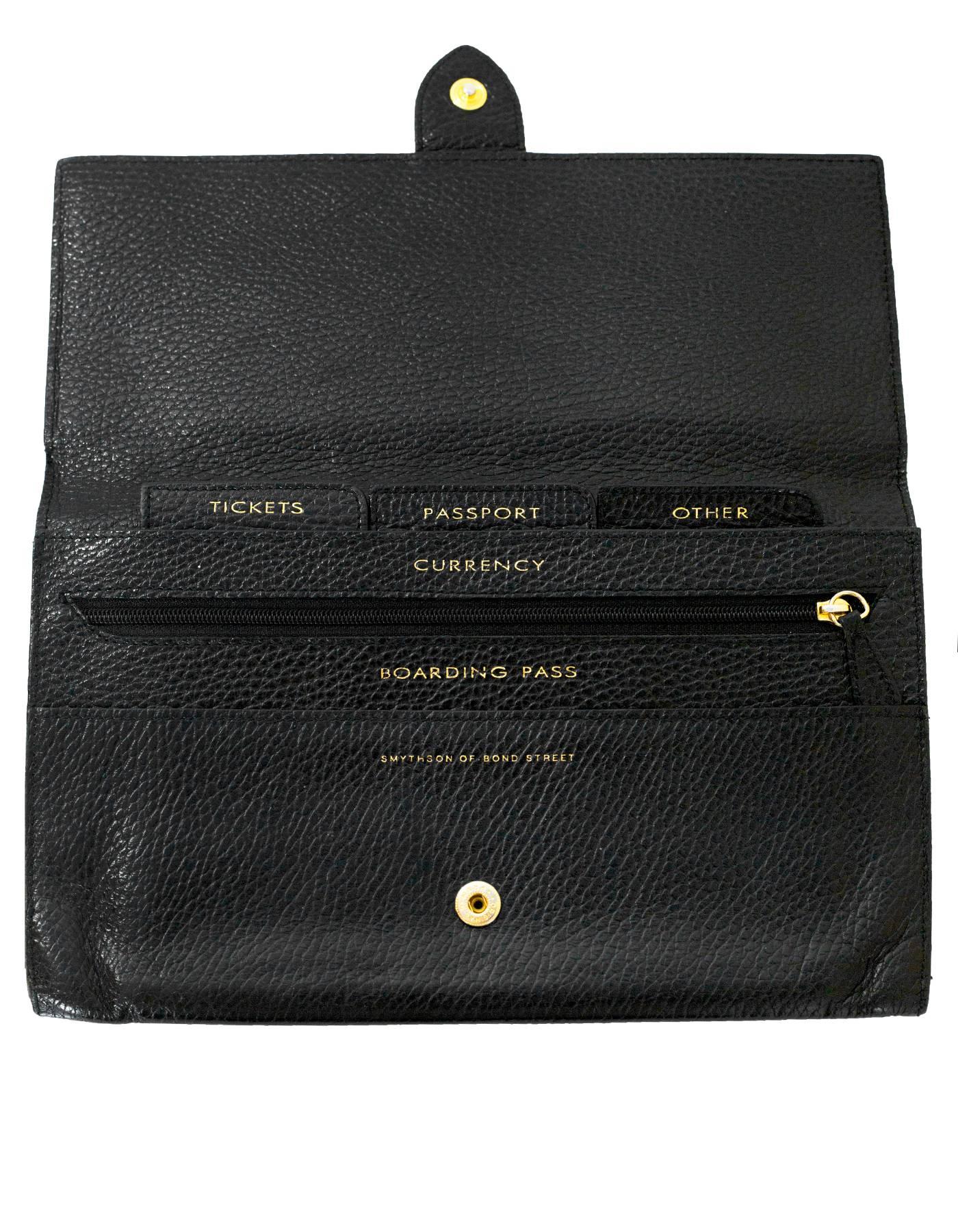 Smythson Black Leather Travel Wallet/Clutch Bag In Good Condition In New York, NY