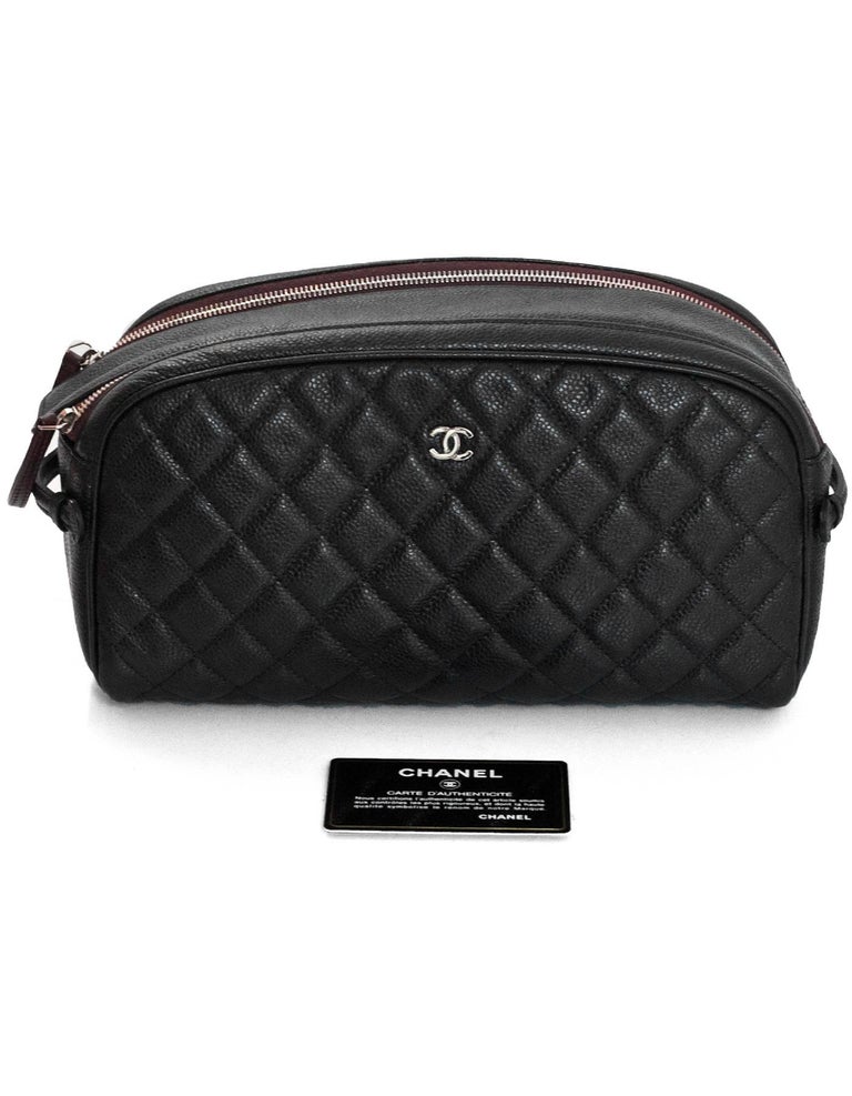 Chanel Black Caviar Leather Double Zip Cosmetic / Toiletry Case Bag