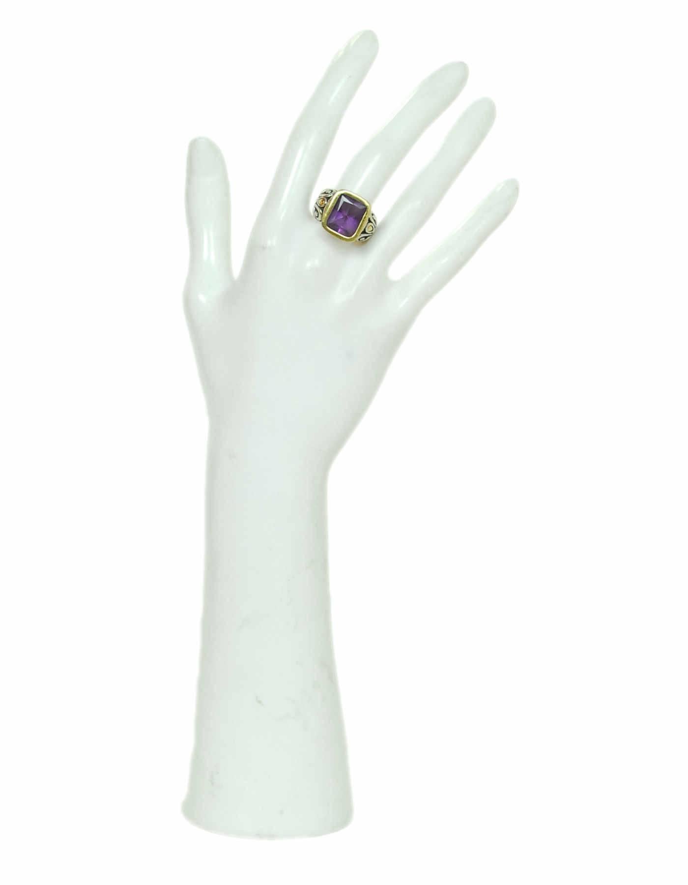 John Hardy Sterling, 18k Gold & Amethyst Ring Sz 6.5

Made In: Thailand
Color: Silver, gold, purple
Materials: Stering silver, 18k gold, amethyst
Stamp: 18K 925 Thailand
Overall Condition: Very good pre-owned condition with the exception of light