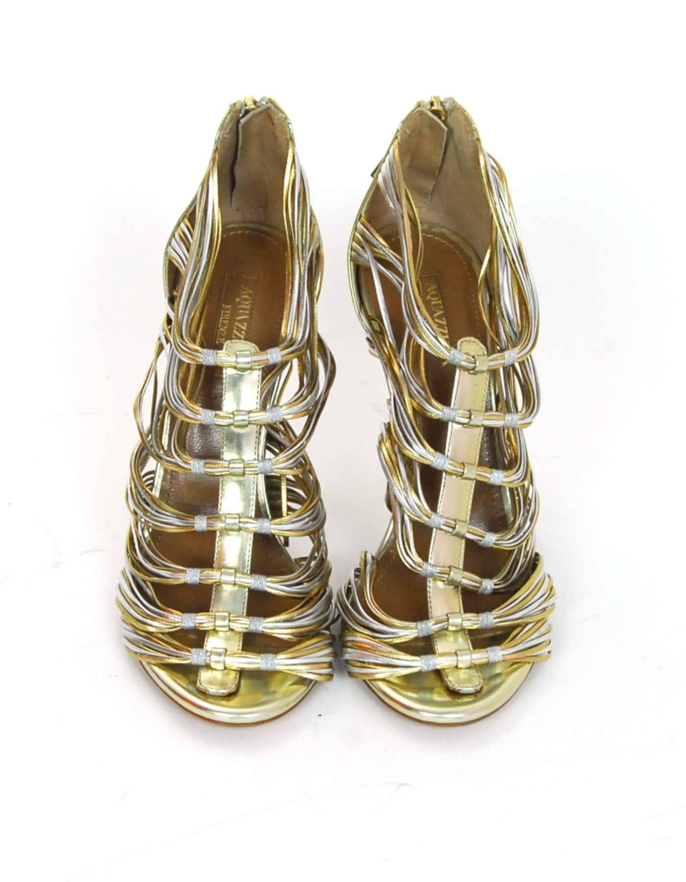 Beige Aquazzura Gold & Silver Xena 105 Sandals Sz 37 NEW